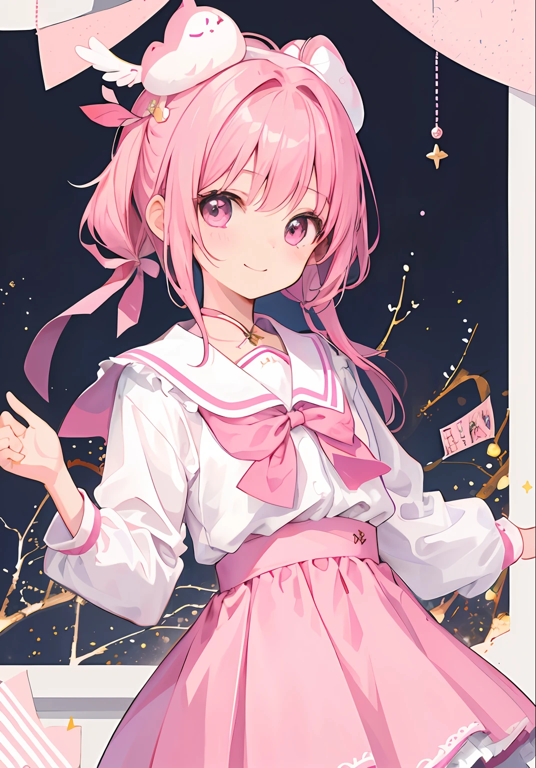 One girl、​masterpiece、top-quality、Top image quality、A pink-haired、Long、a junior high school student、Pink ribbon on the head、cute little、Magic School Costumes、Half Up Hair、Cute room background、laugh、sano、Bursting smile、Very energetic、
