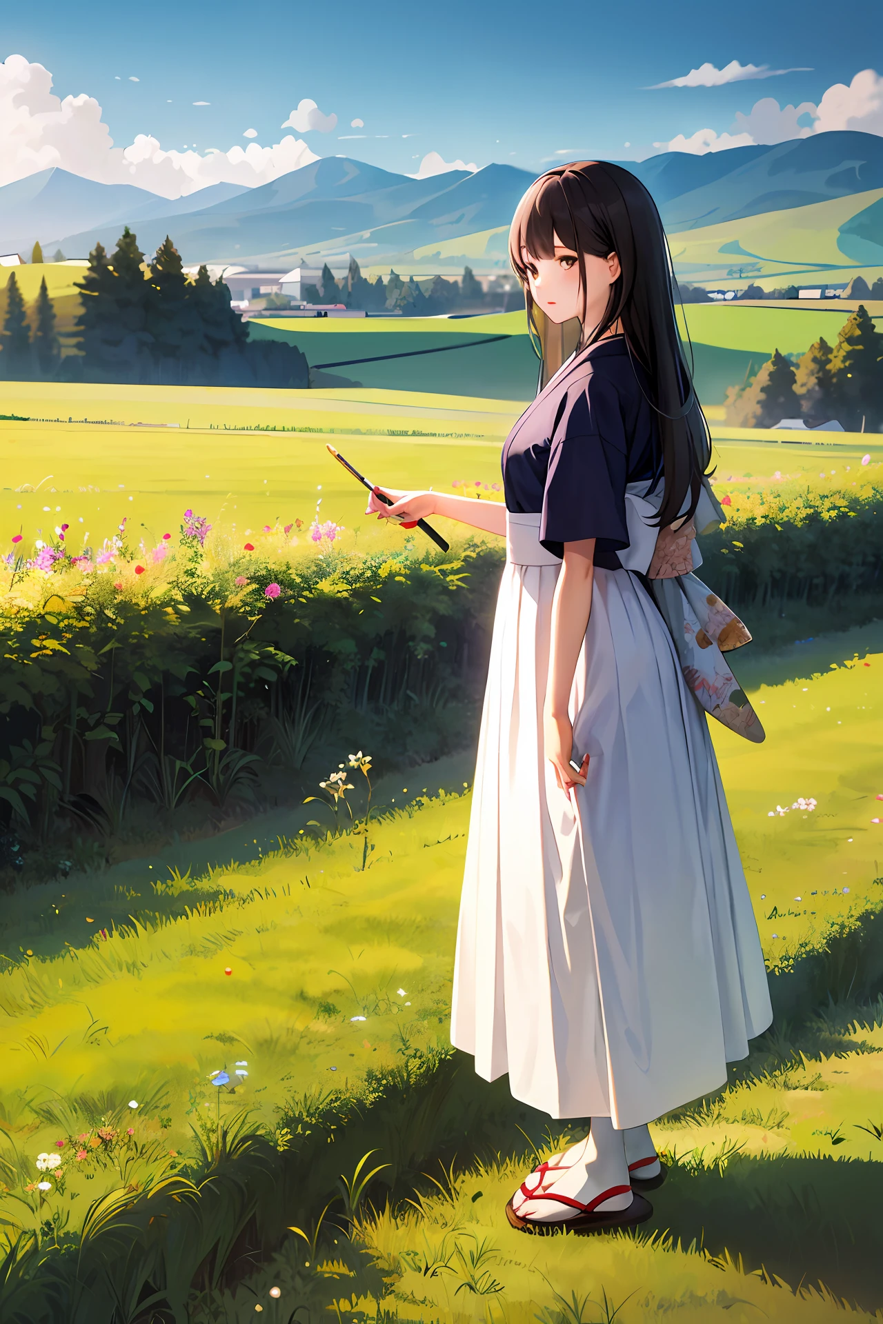Japan Two-dimensional Painter,Modern Japanese girl,a white long skirt,Long straight brown hair,hilltop,early evening,grassy fields
