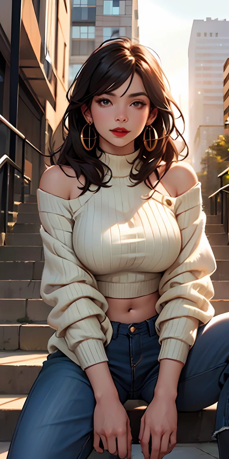 ​masterpiece、Top image quality、1人の女性、Beautiful woman sitting on the stairs、Legs wide open、Hands between the legs、off-the-shoulder sweater, (shortpants:1.2)、The navel is visible、Detailed facial expressions、Detailed eye、Detailed nose、((Detailed red lips))、(((爆乳)))、Female proportions considered everywhere、Skyscraper District、Sunset between buildings、Large circular earrings、beauty legs