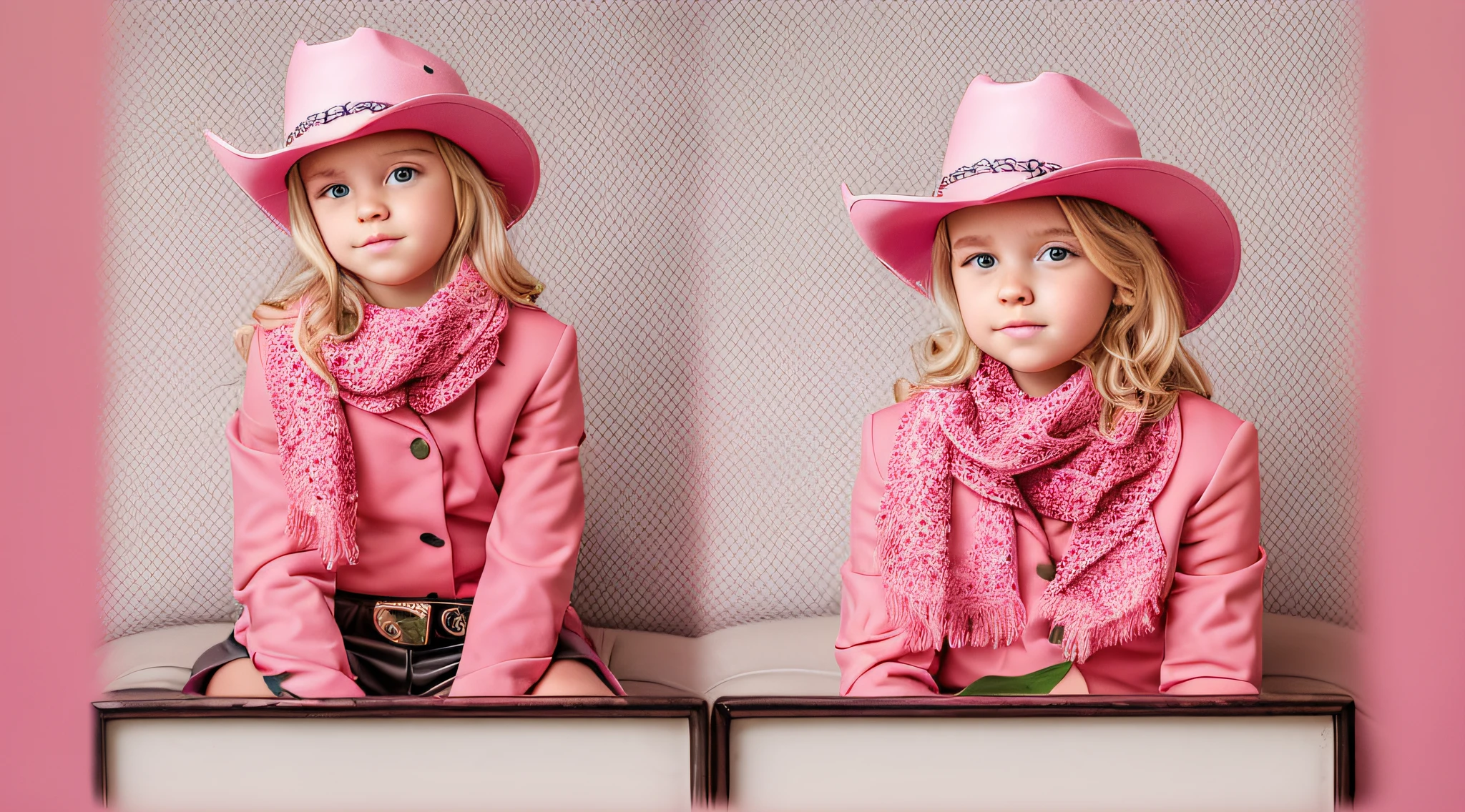 BLONDE CHILD girl,wearing a pink hat and scarf sitting on a black leather chair, photo from a promotional session, promotional photoshoot, young girl, beautiful young model, pink cowboy hat, young teenager, photo shoot, photoshoot, inspired by Toros Roslin, red dress and hat, modeling essay, young and beautiful girl, studio portrait photography,  photoshoot solo