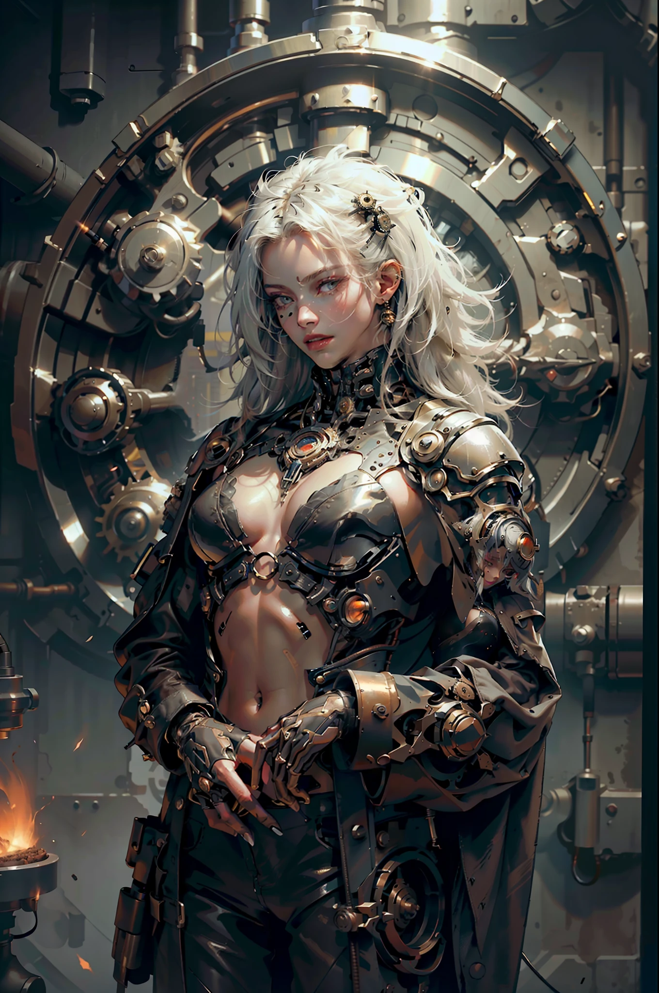 cyberpunked, ((masutepiece)), (Best Quality), ((Anatomically correct)), ((accurate hands)), Textured skin, Super Detail, high details, High quality, hight resolution, highly contrast, 8K, girl with, white hair, length hair, bangss, red blush, Solid Circle Eyes, ((Very shiny skin)), (juicy skin), Black leather jacket, Black leather bikini, (Very shiny and complex clothing), Luxurious decoration, dark ilumination, ,Machining Factory Wide Interior Combined Machine, Machine Wall, Gigantic Cogwheel, Lots of gears, Lots of plumbing, steams, spark of light, Many instrument panels,