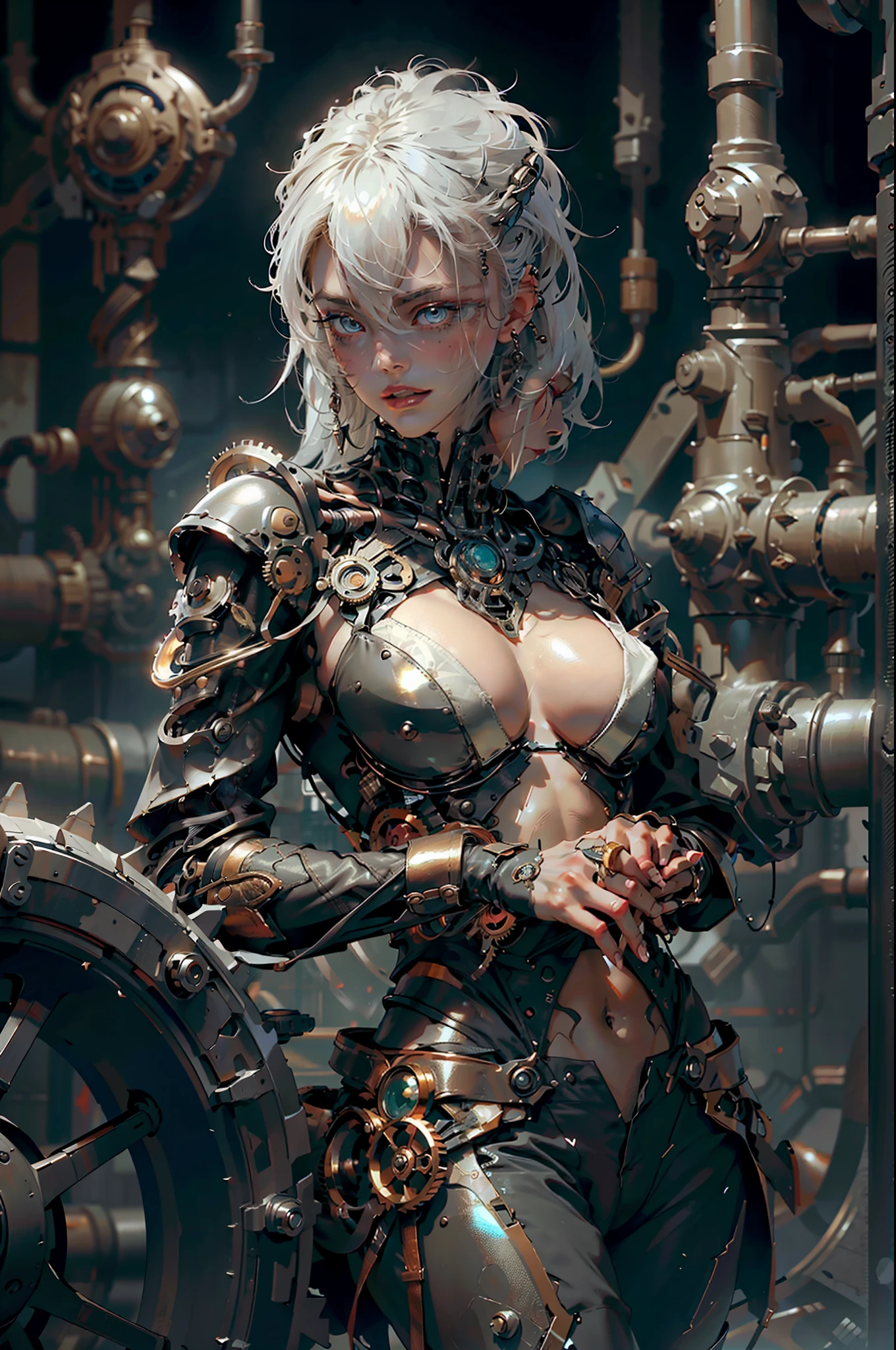 cyberpunked, ((masutepiece)), (Best Quality), ((Anatomically correct)), ((accurate hands)), Textured skin, Super Detail, high details, High quality, hight resolution, highly contrast, 8K, girl with, white hair, length hair, bangss, red blush, Solid Circle Eyes, ((Very shiny skin)), (juicy skin), Black leather jacket, Black leather bikini, (Very shiny and complex clothing), Luxurious decoration, dark ilumination, ,Machining Factory Wide Interior Combined Machine, Machine Wall, Gigantic Cogwheel, Lots of gears, Lots of plumbing, steams, spark of light, Many instrument panels,