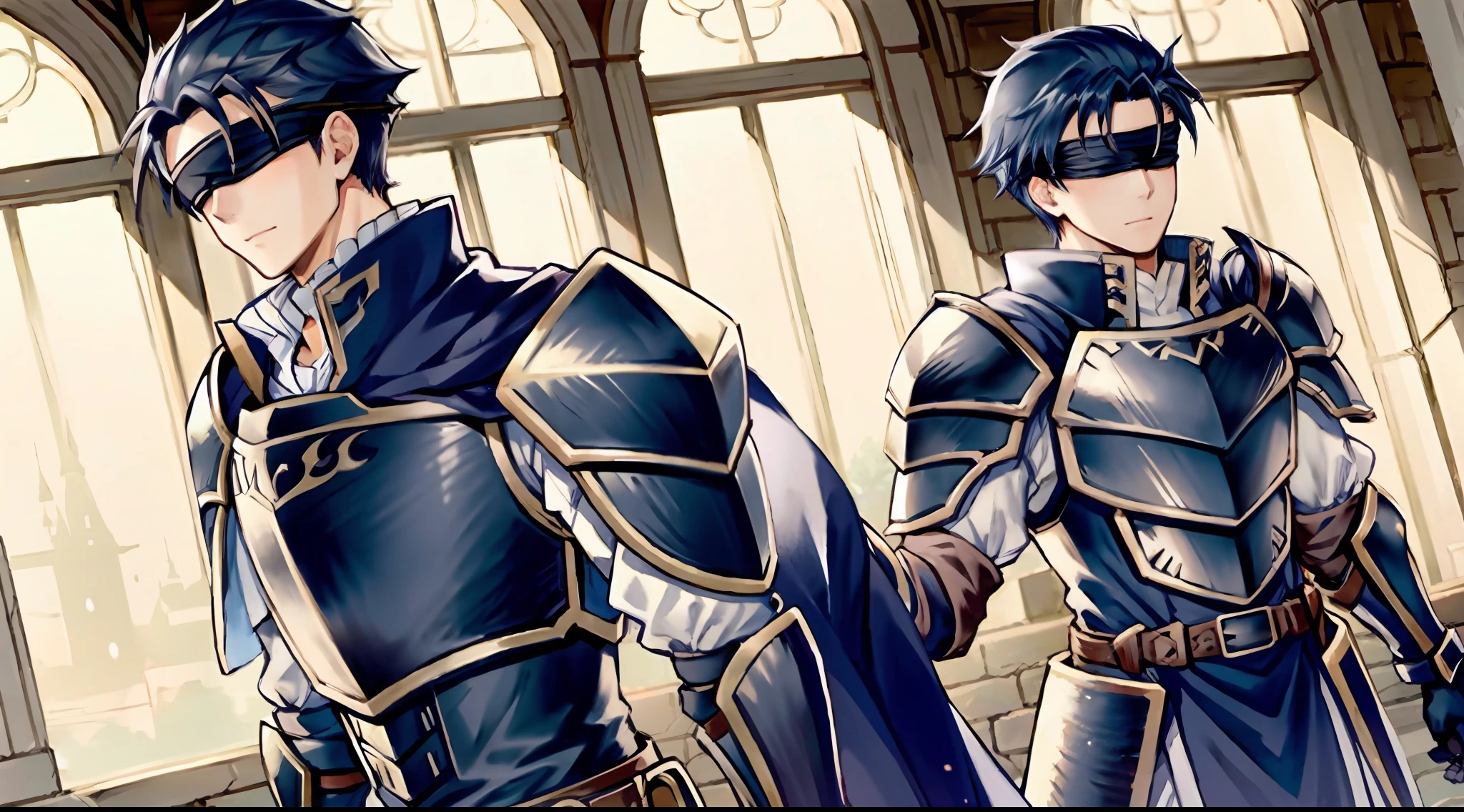 Hector Fey， 独奏， looking at viewert， Cladding，Blindfolds（Blindfolded）， mitts， 1boys， Male focus， cloaks， Armour， Shoulder armor， Castle view