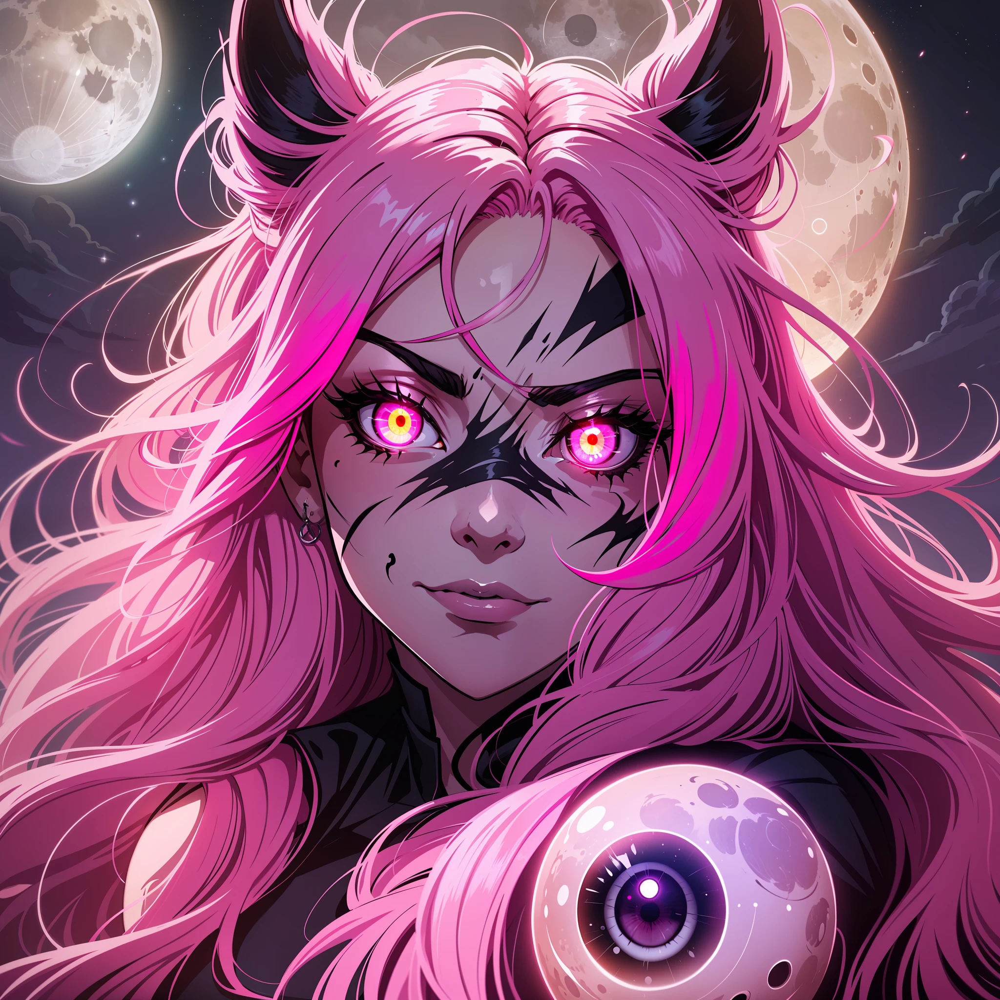evil face, darkness, glowing eyes, pink hair, messy hair, fullmoon bacground, moon light only