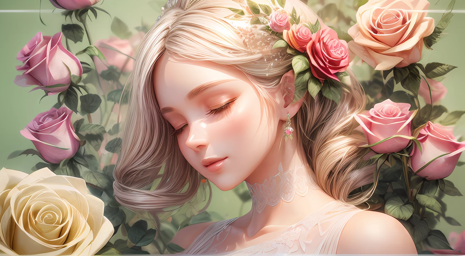 (illustration:1.3),paper art, 3D rendering,Green background,(Beauty side face,close eyes:1.3),(roses:1.2), Colorful, Best quality, Detailed details, Masterpiece, offcial art, Cinematic lighting effects, 4K,chiaroscuro, sparkle