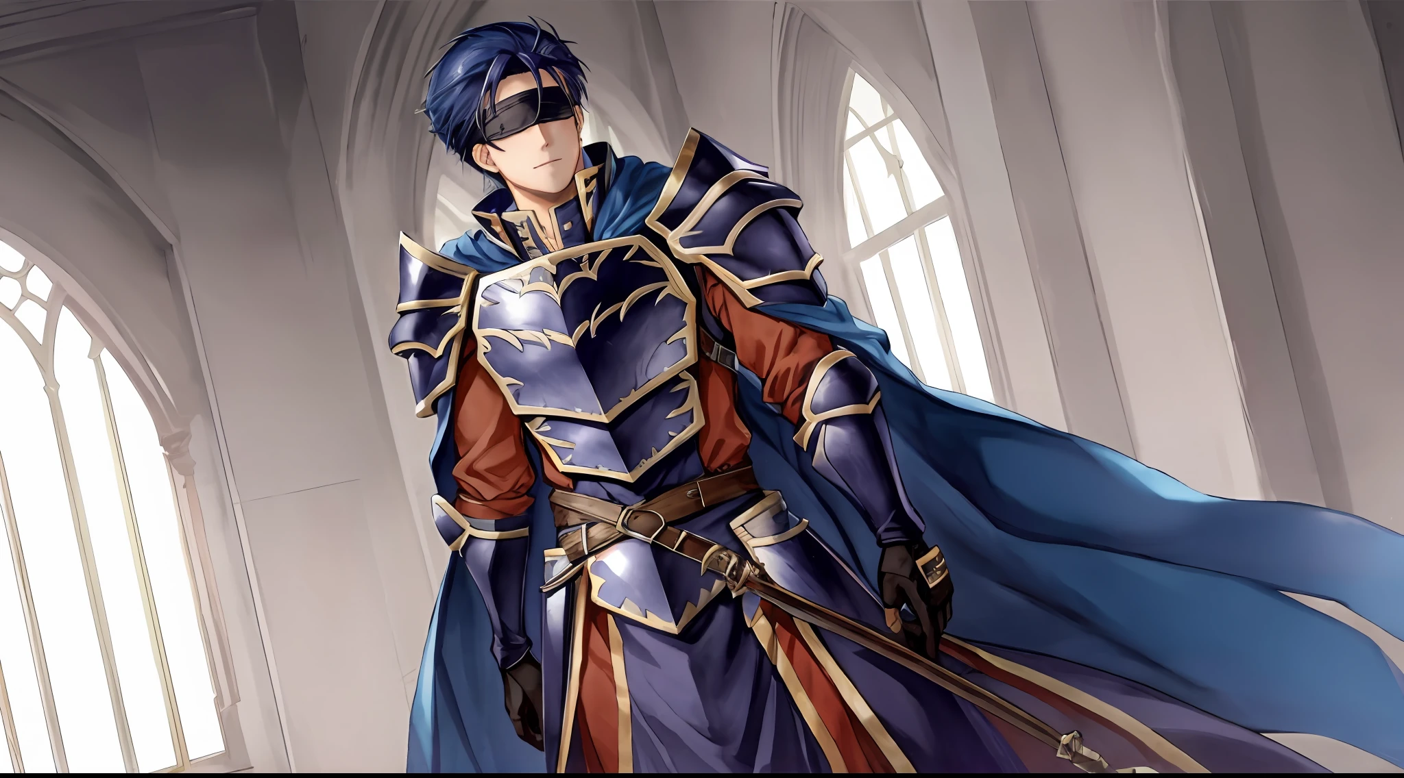 Hector Fey, 独奏, looking at viewert, Cladding,Blindfolds(Blindfolded), mitts, 1boys, Male focus, cloaks, Armour, Shoulder armor, Castle view