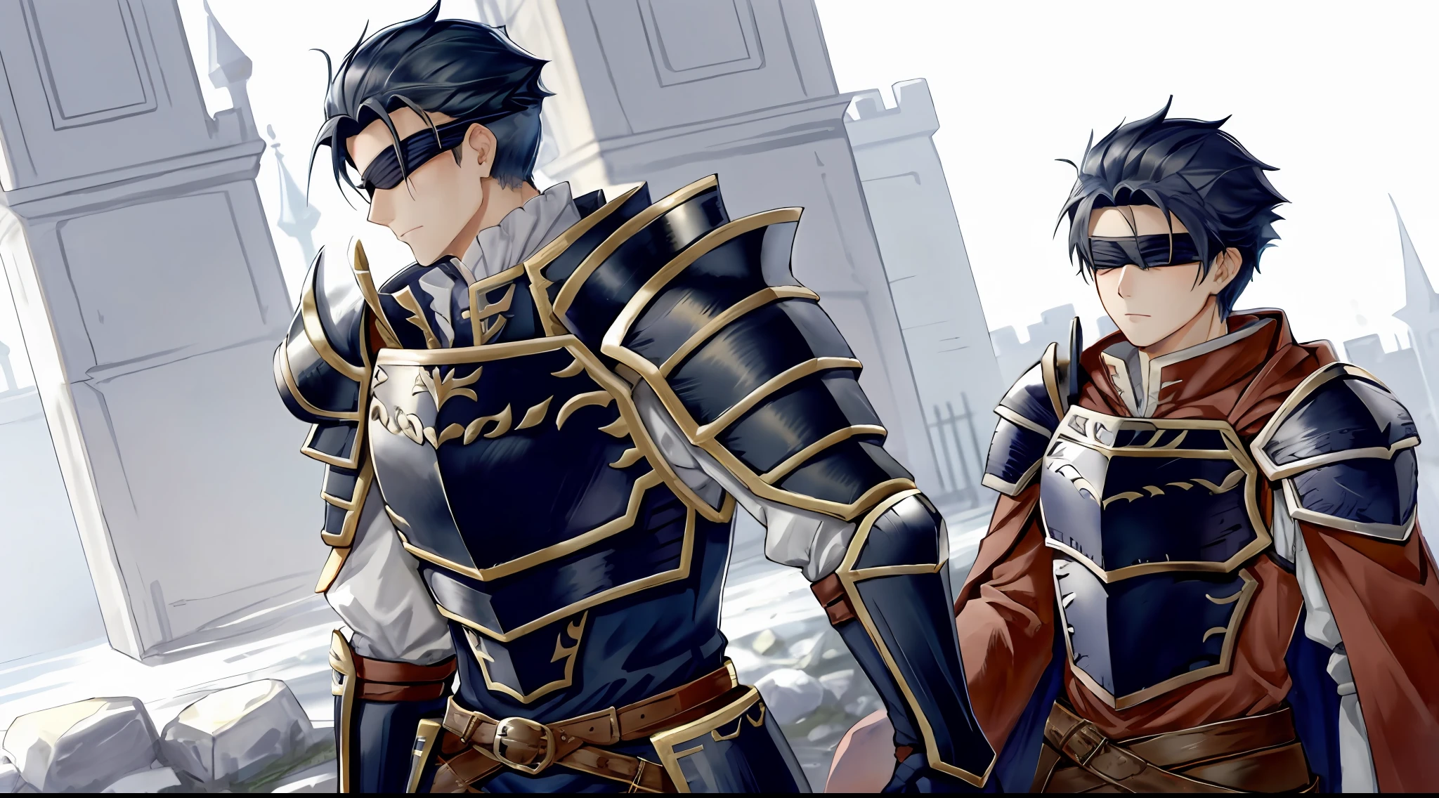 Hector Fey, 独奏, looking at viewert, Cladding,Blindfolds(Blindfolded), mitts, 1boys, Male focus, cloaks, Armour, Shoulder armor, Castle view
