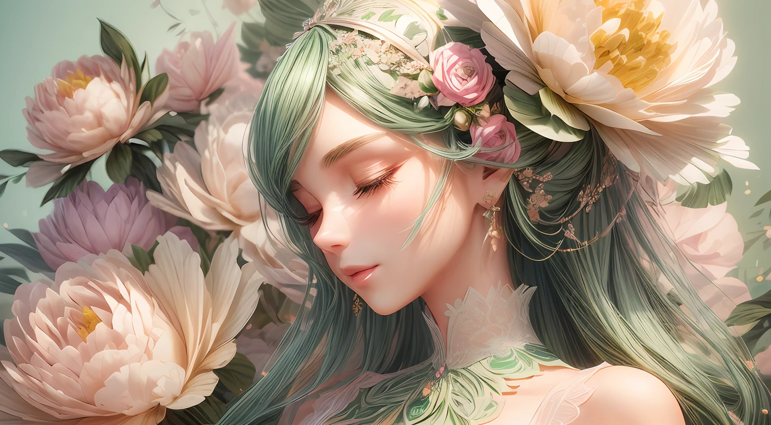 (illustration:1.3),paper art, 3D rendering，Green background，(Beauty side face,close eyes:1.3)，（peonies：1.2）, Colorful, Best quality, Detailed details, Masterpiece, offcial art, Cinematic lighting effects, 4K，chiaroscuro, sparkle