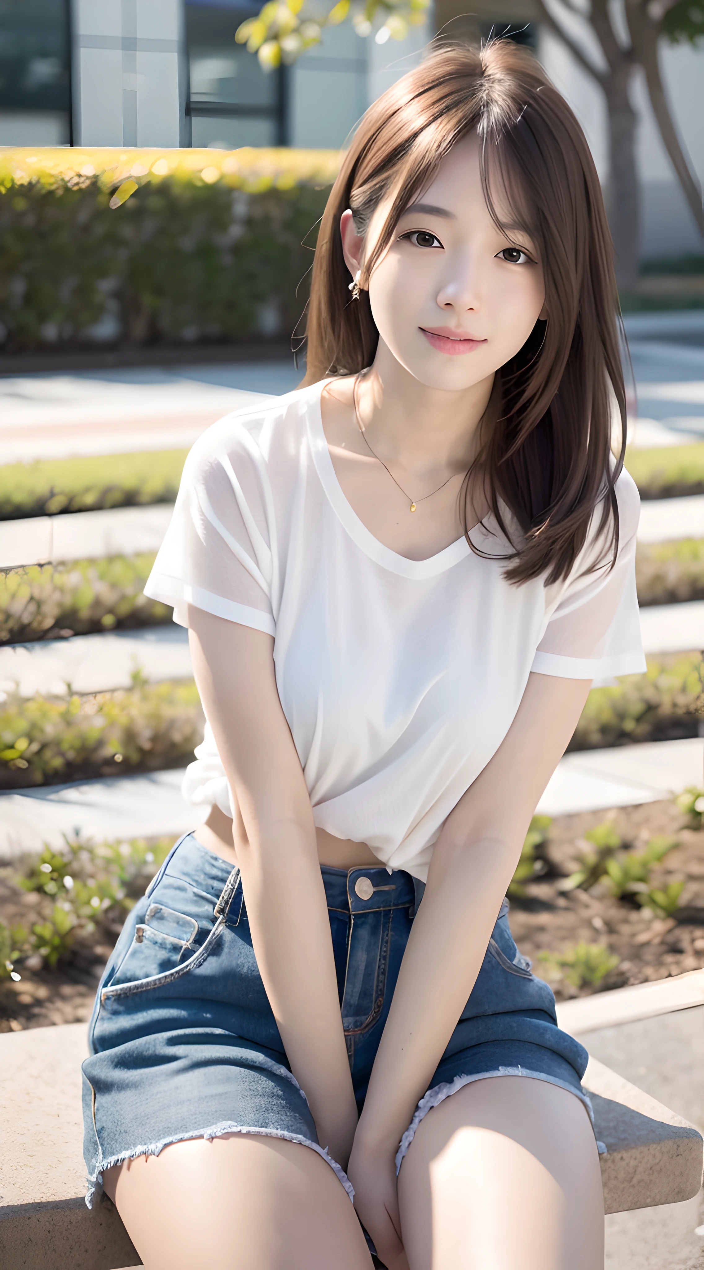 mix4, 20 days, Solo, Long_Hair, Nanase Nishino, Haruka Kaki, park, bench, Seated, (8K, RAW photography, Best quality, Masterpiece:1.2), (Realistic, Photorealistic: 1.37), Professional lighting, photon maping, Radio City, physically-based renderingt