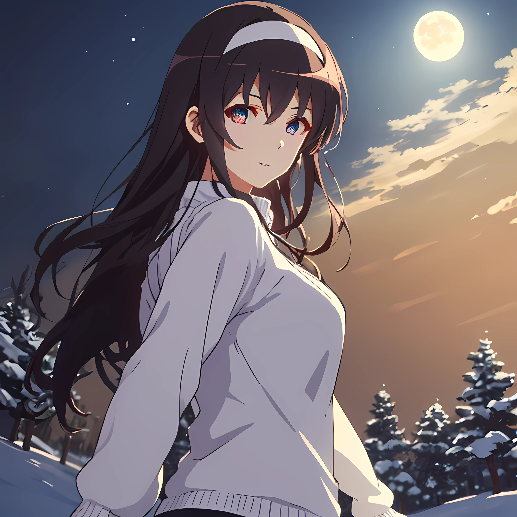 (​masterpiece:1.6、top-quality)、(Beautiful Eyes of Details:1.2)、Best Quality, masutepiece, Utaha, 1girl in, Long hair, Solo, shairband, Black hair, white hairband, Sweaters, Long sleeves, Bangs, Green sweater, Closed mouth, huge tit, (Detailed eyes), Best Quality, Luminous Eyes, medium breats, Arms behind your head, Arched back, (Dancing:1.1), From Side, (Looking at Viewer:1.2), lightsmile, Parted lips, Wind, nigh sky, Moon, Snowfield background, Backlighting, llight rays, (High contrast), (Colorful),