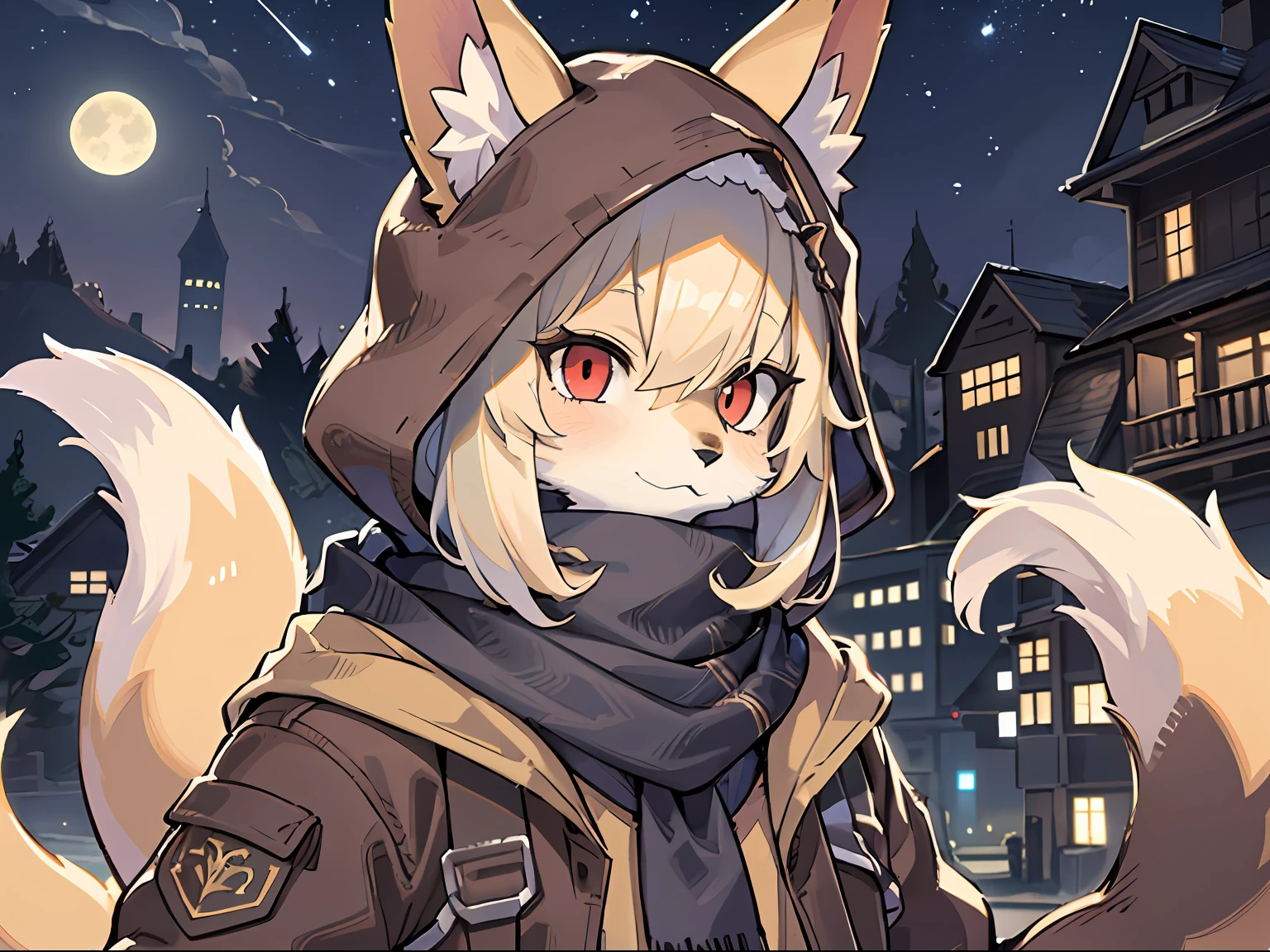 Fox Boy,Libido boy,hairy pubic,shaggy,Smoothes lashes,Skin fur,Golden fur,Short hair in men,Forelimb hands, solid circle eyes,Golden ears,Golden face fur , Short blonde hair,Red eyes,Super cute face,Brown elements on fur,Brown coat brown hood up,Star Jacket,Ambient light,Ultra-fine fur,volumettic light,Night,natural lightting,fox tails,Fluffy tail,Furry tail,nevando,Night,A sky full of stars,Seawall side,crossed bangs, Hairline, Shiny hair,Empty eyes,35mm,sharp talons。High quality, high detal, Best quality, hyper HD, Dark brown gloves,Red and black diamond scarf,individual ,A half body