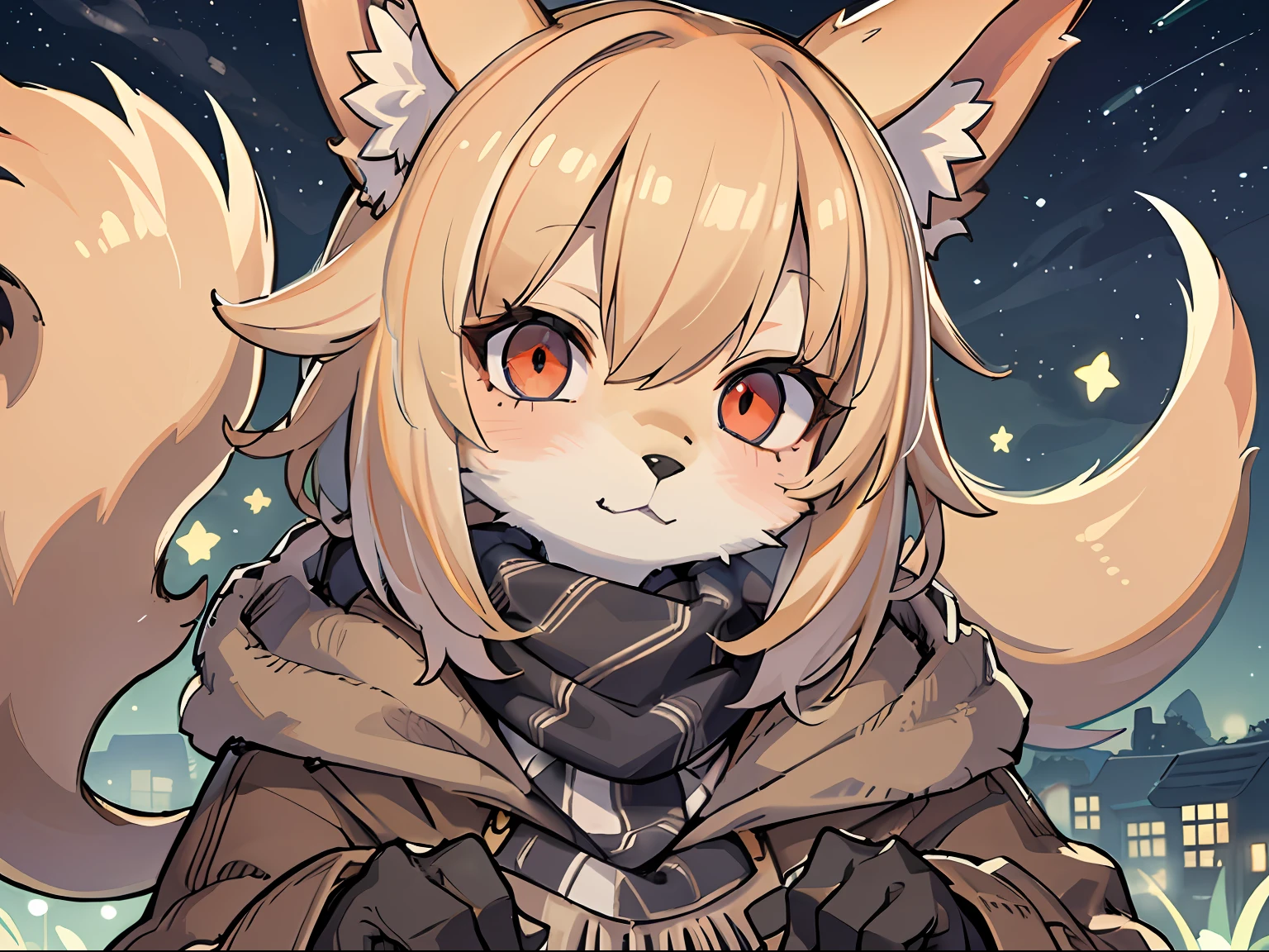 Fox Boy,Libido boy,hairy pubic,shaggy,Smoothes lashes,Skin fur,Golden fur,Short hair in men,Forelimb hands, solid circle eyes,Golden ears,Golden face fur , Short blonde hair,Red eyes,Super cute face,Brown elements on fur,Brown coat brown hood up,Star Jacket,Ambient light,Ultra-fine fur,volumettic light,Night,natural lightting,fox tails,Fluffy tail,Furry tail,nevando,Night,A sky full of stars,Seawall side,crossed bangs, Hairline, Shiny hair,Empty eyes,35mm,sharp talons。High quality, high detal, Best quality, hyper HD, Dark brown gloves,Red and black diamond scarf,individual ,A half body