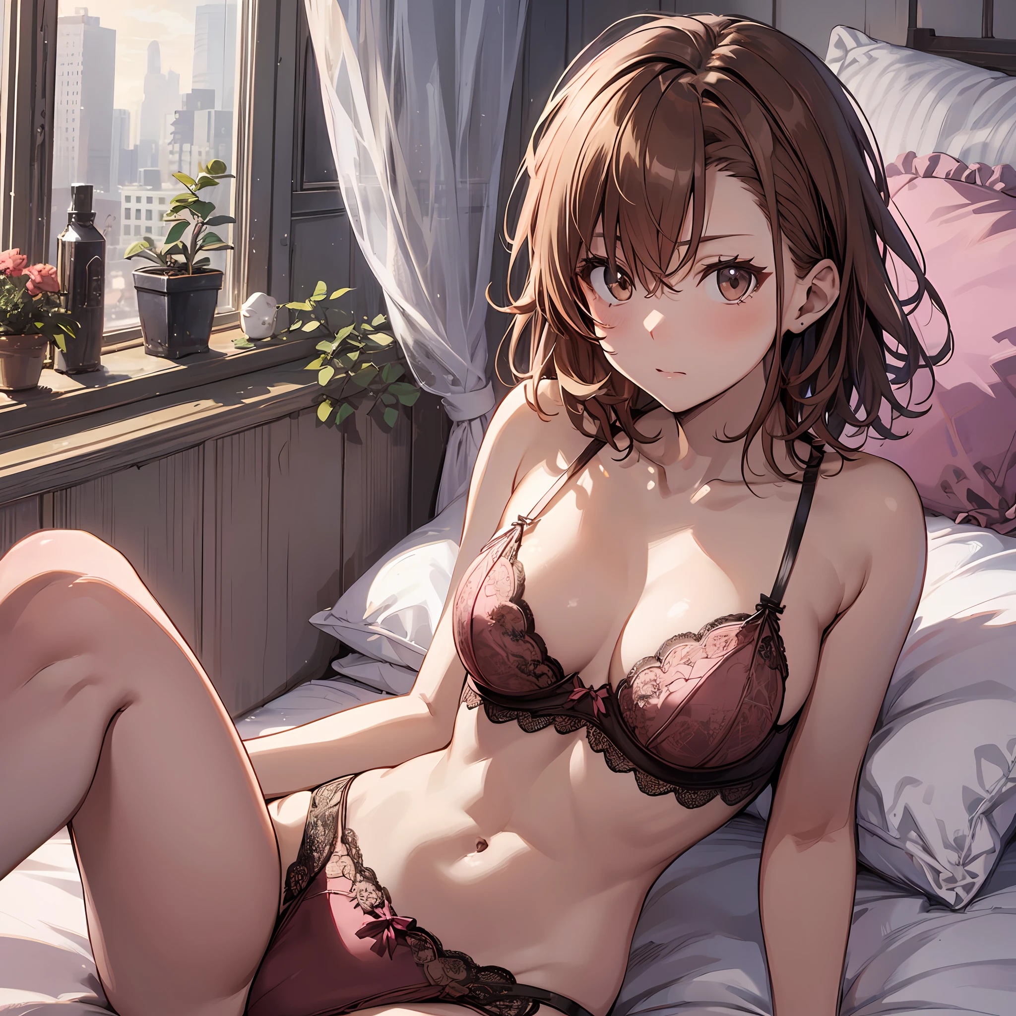 ４ｋqulity, top-quality, Misaka_mikoto, Brown-eyed, Short_hair, Small_Breast,）on the beds　Pink lingerie　１６age　sexypose　Bewitching-