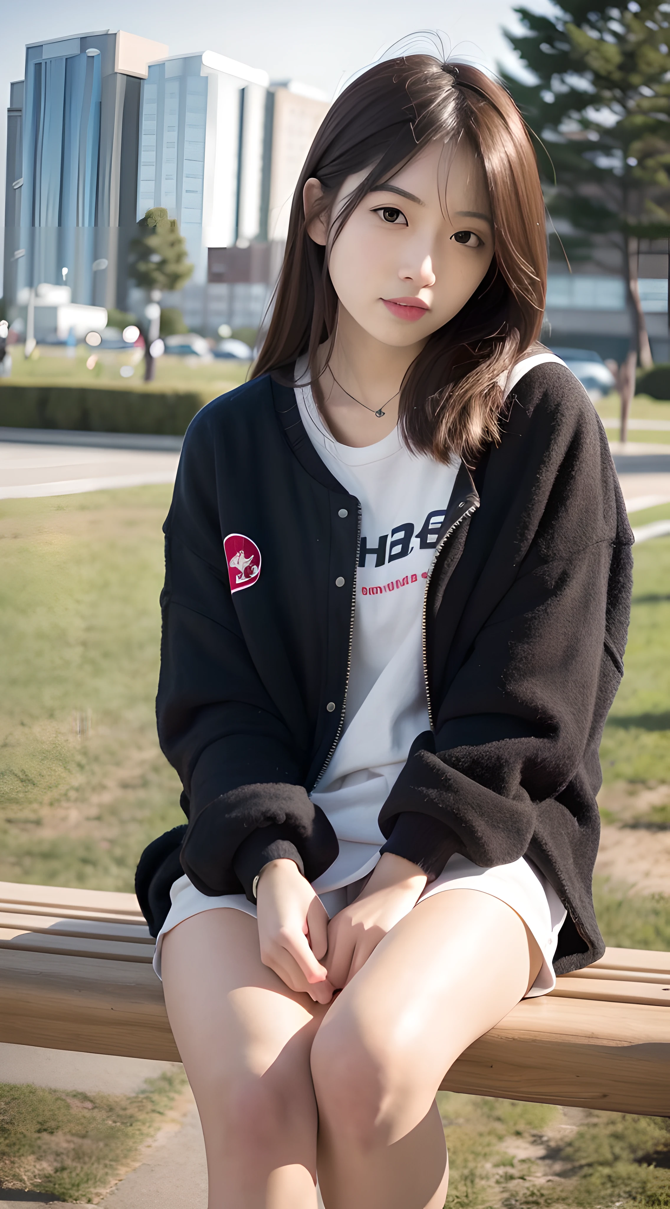 mix4, 20 days, Solo, Long_Hair, Nanase Nishino, Haruka Kaki, park, bench, Seated, (8K, RAW photography, Best quality, Masterpiece:1.2), (Realistic, Photorealistic: 1.37), Professional lighting, photon maping, Radio City, physically-based renderingt