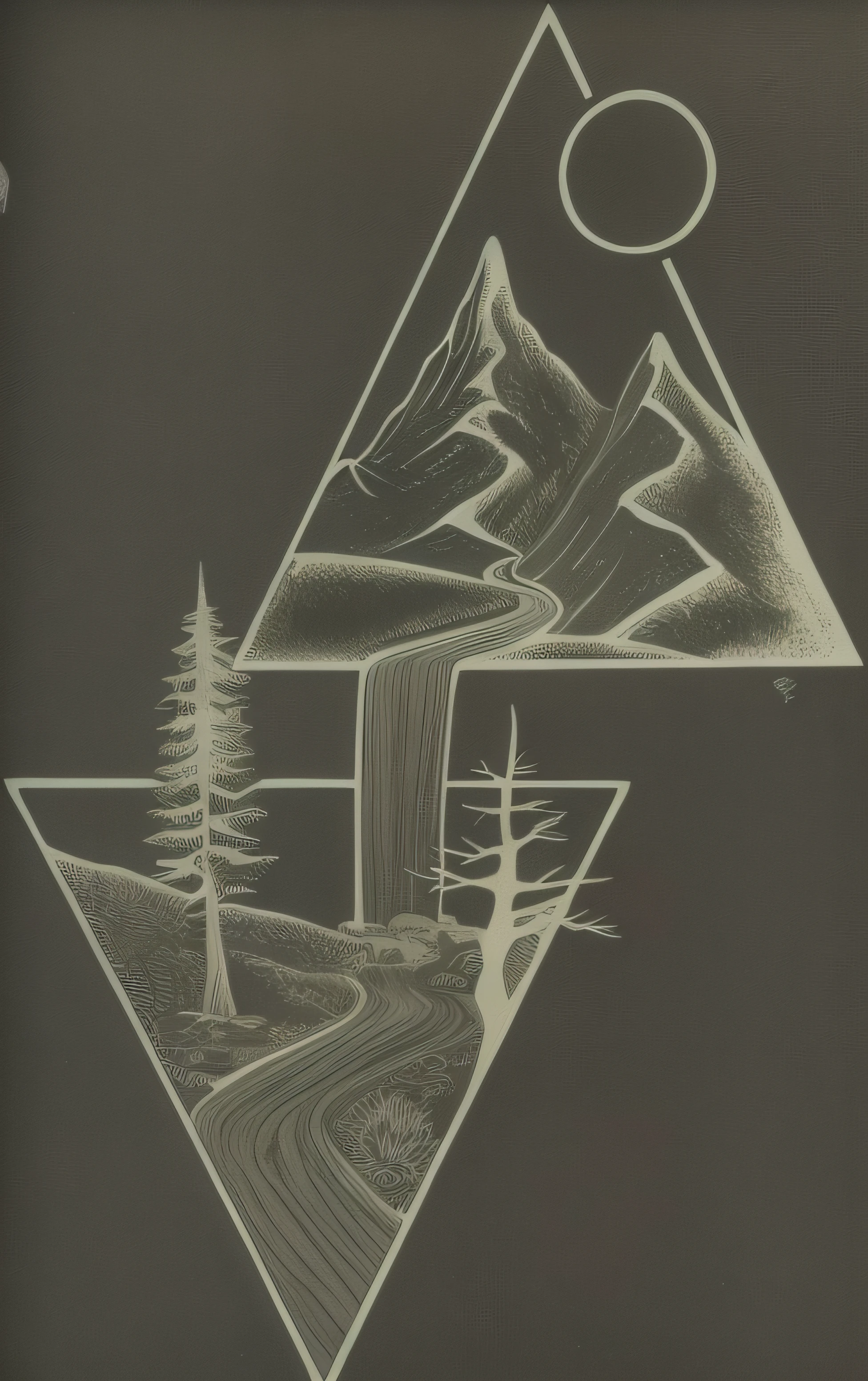 A drawing of a mountain scene with a river and trees, Nature illustration tattoo, Dibujo simple, concept tattoo design, dibujo ordenado, Mountains and rivers, by Alonso Vazquez, ilustraciones de tinta, 🌲🌌, Estilo de dibujo tradicional, Dibujo del bosque elegante, Pen and ink style, with trees and waterfalls, ✏️🎨, Perfect pencil and ink line art