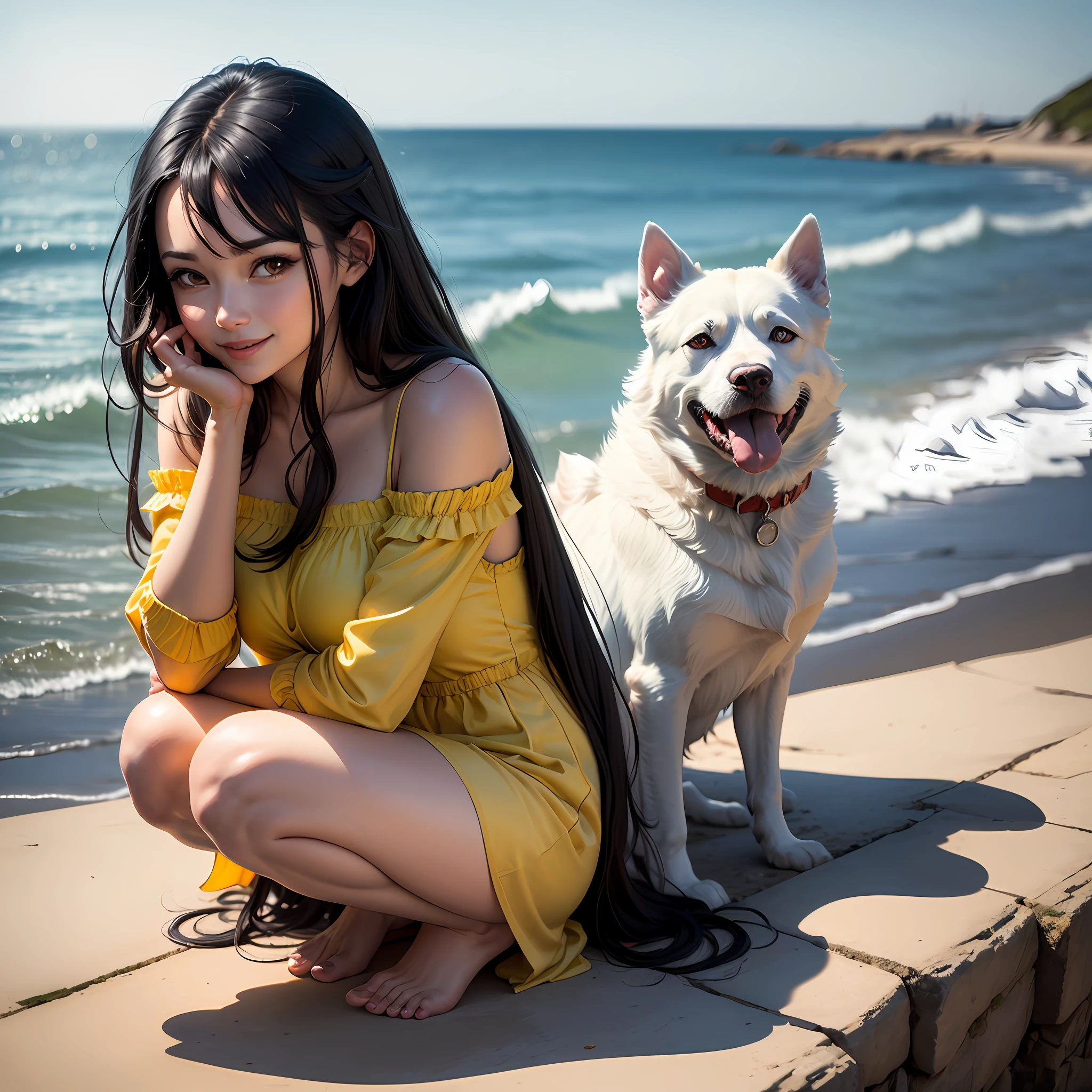 An adult female,Long black hair,Wear a yellow dress,Squat,The eyes are big,The mouth is smiling,The background image is by the sea,beautiful weather,There is a white dog next to it --auto