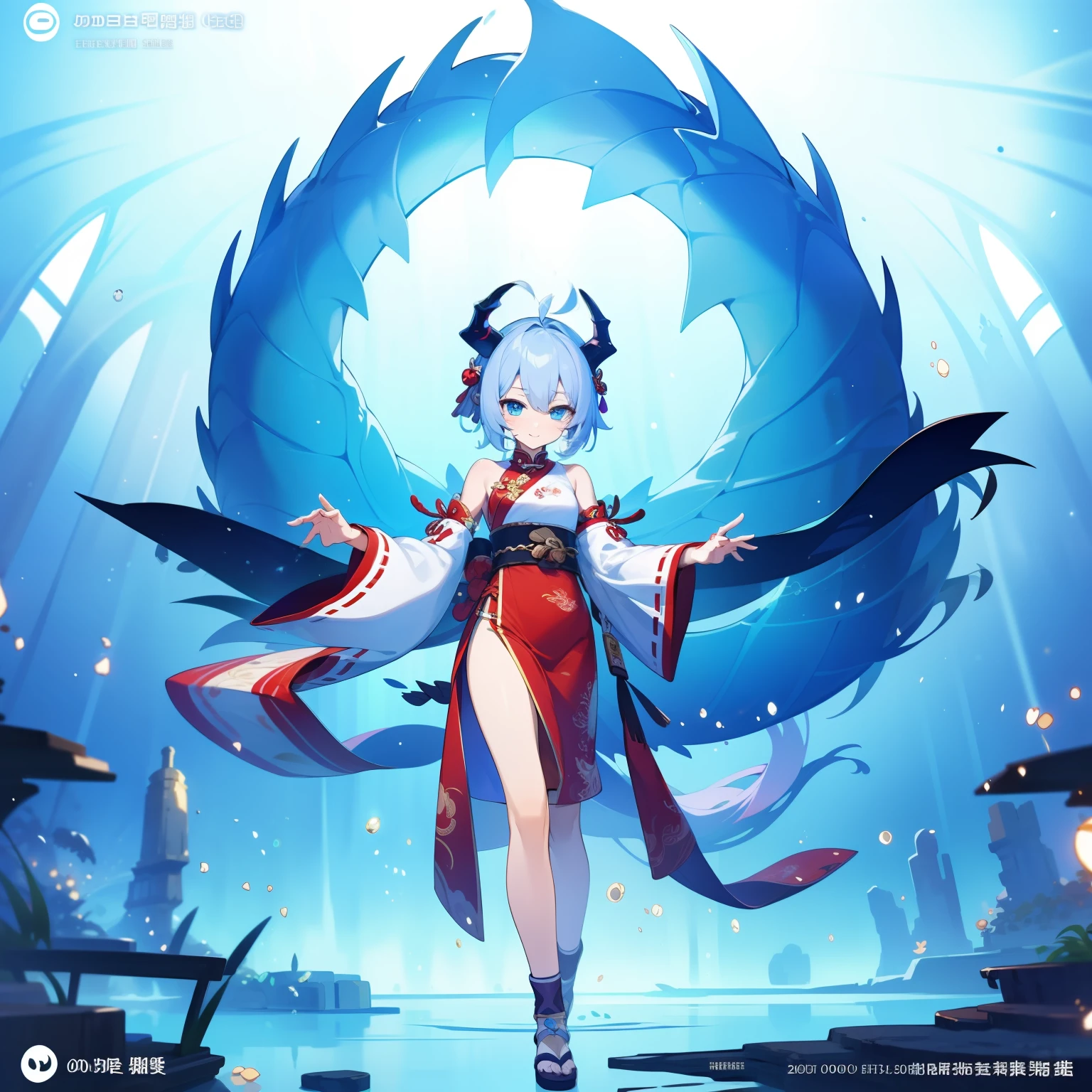 (Best quality:1.3),(Masterpiece:1.3),(illustration:1.3),(Ultra-detailed:1.3),(imid shot:0.9), 1girll, Solo, Very young, Upper body, Short neck, Small breasts, child (Soak in the stream:1.2), Dragon tail, Girl , ahoge, Blue eyes, Jewel-like eyes, Extremely detailed eyes, Extremely detailed face, Closed mouth, Light smile, water, Fish, Ocean, Horns , Chinese clothes, a Oriental Dragons,