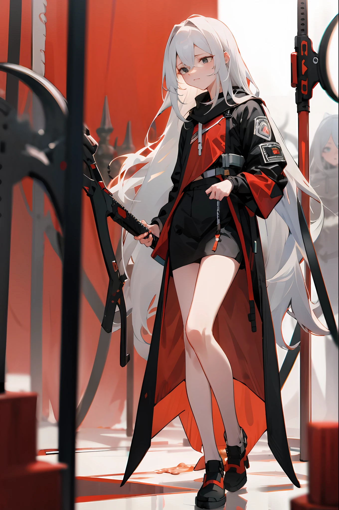 long white hair,looks away,are standing,embarressed,Be red in the face,Keep one's mouth shut,Holding urine,Clamp your legs,fleshy legs