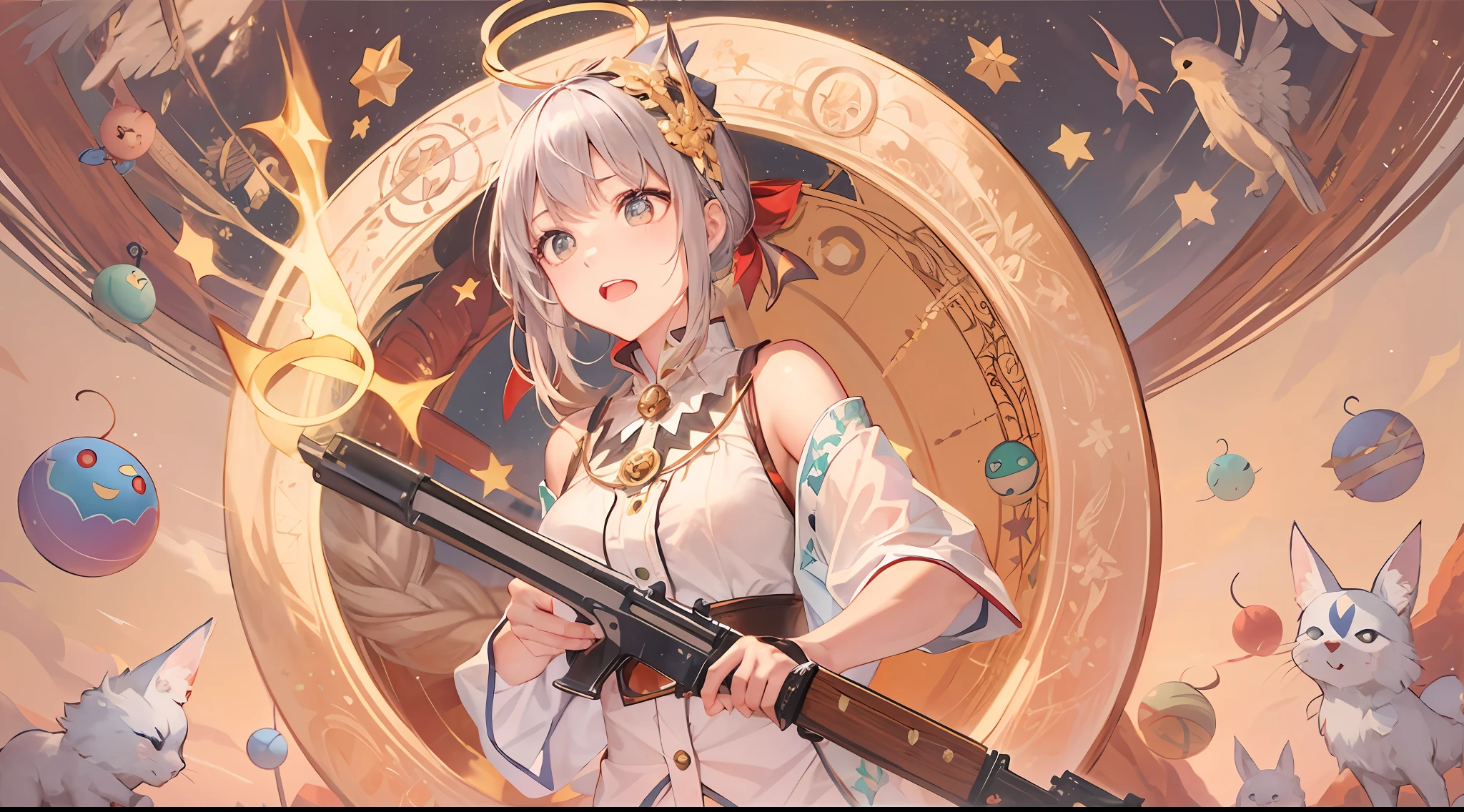 Woman with weapon coming out of body、kawaii、A magic circle appeared above my head and at my feet.、