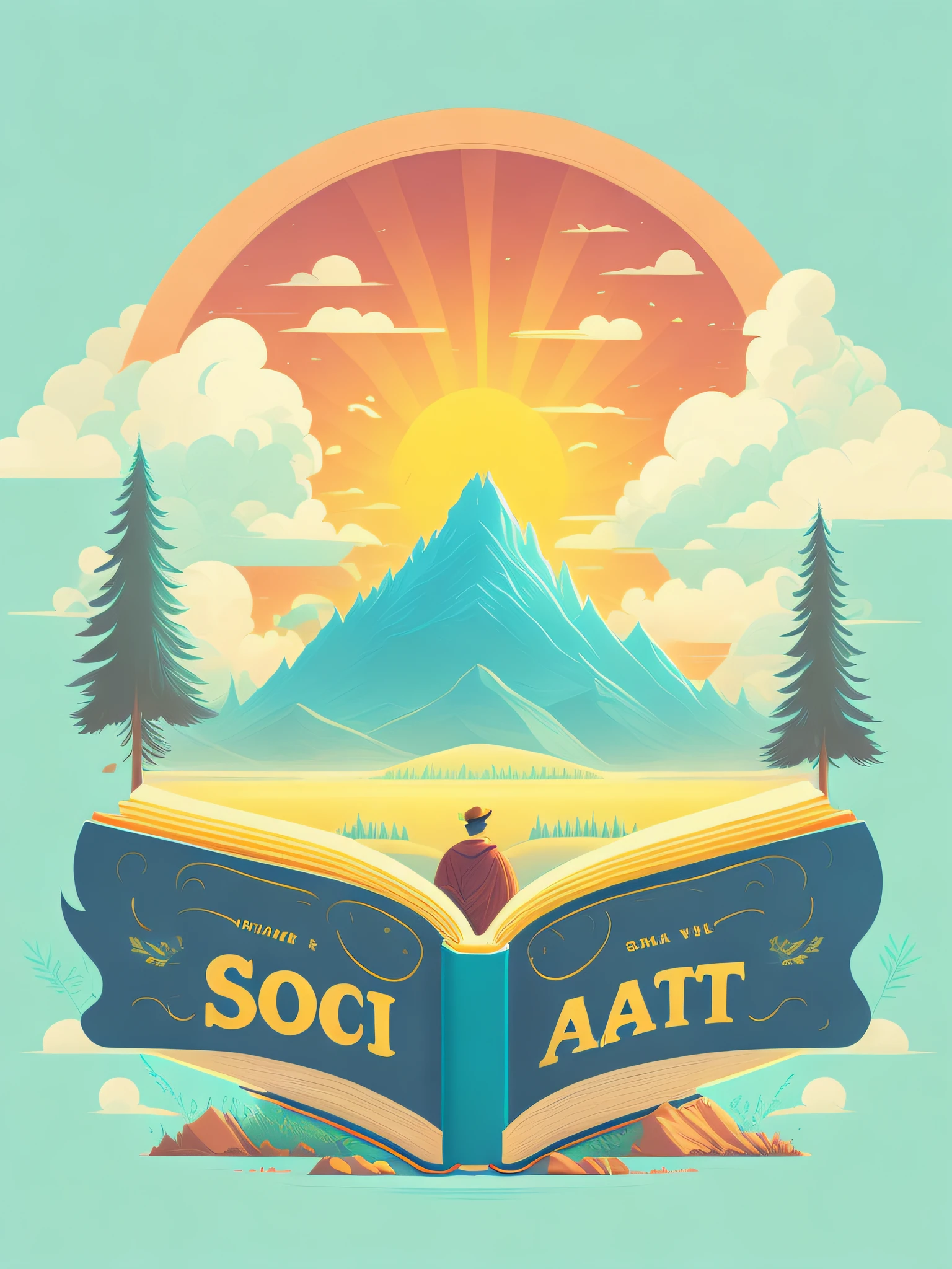 a spruice Giant book in a summer landscape, tshirt design, rzminjourney, vector-art