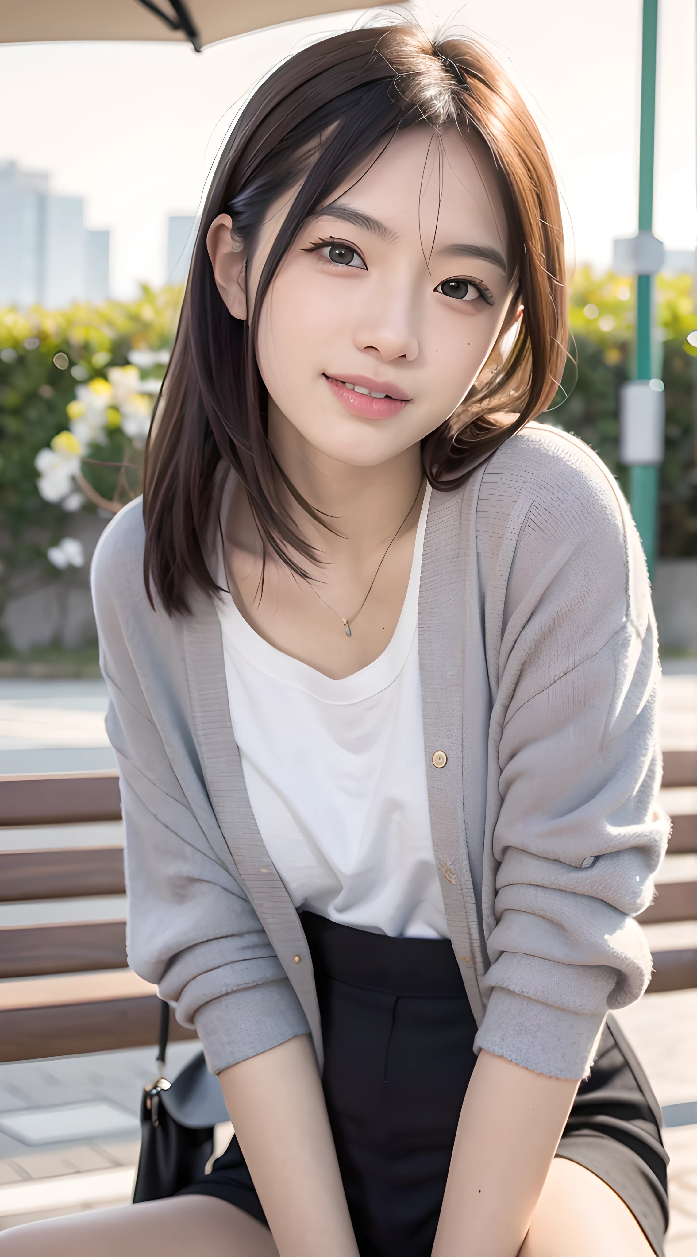 mix4, 20 days, Solo, Long_Hair, Nanase Nishino, Haruka Kaki, park, bench, Seated, (8K, RAW photography, Best quality, Masterpiece:1.2), (Realistic, Photorealistic: 1.37), Professional lighting, photon maping, Radio City, physically-based renderingt