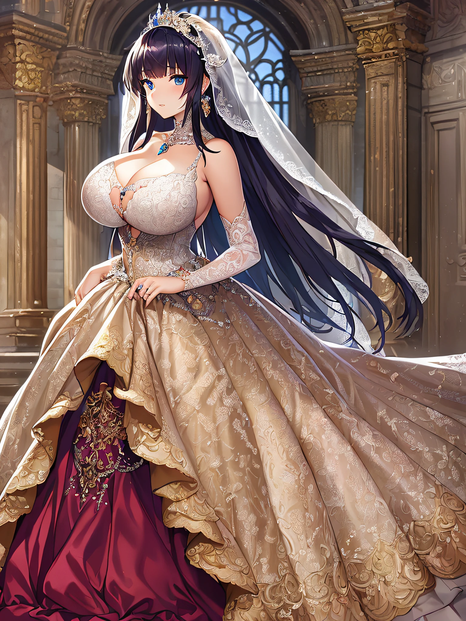 ((anime artstyle)),(Masterpiece),(Best Quality), (Super Detail),((Very Delicate and Beautiful)),Focus on character,Dynamic Angle,Looking at viewer,((Solo)),standing,((full body)),((one princess in gorgeous ball gown wedding dress with voluminous skirt)),((June bride)),detailed face and eyes,jewel-like eyes,((Very Long voluminous Hair)),gorgeous embroidery and lace,((gorgeous corsage)),See-through,(Gorgeous jewelry ornaments),luxury hair ornament,luxury tiara with jewels,ornate ruffles,((gigantic breasts,Long breasts)),indoor,church wedding,((full body)),hoop skirt,crinoline,very long wedding veil,(((fusion of jeweled wedding dress and gorgeous embroidery rococo ballgown))),
