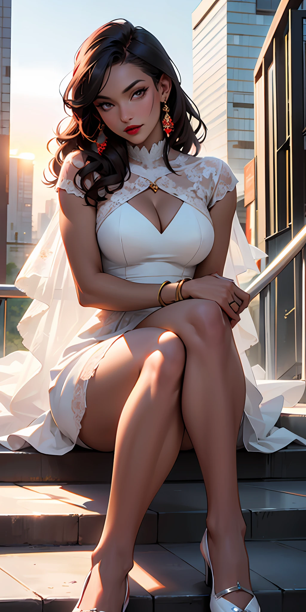 ​masterpiece、Top image quality、One Black Woman、Beautiful woman sitting on the stairs、Legs wide open、Hands between the legs、weddingdress、Detailed facial expressions、Detailed eye、Detailed nose、((Detailed red lips))、((((爆乳))))、Female proportions considered everywhere、Skyscraper District、Sunset between buildings、Large circular earrings、beauty legs