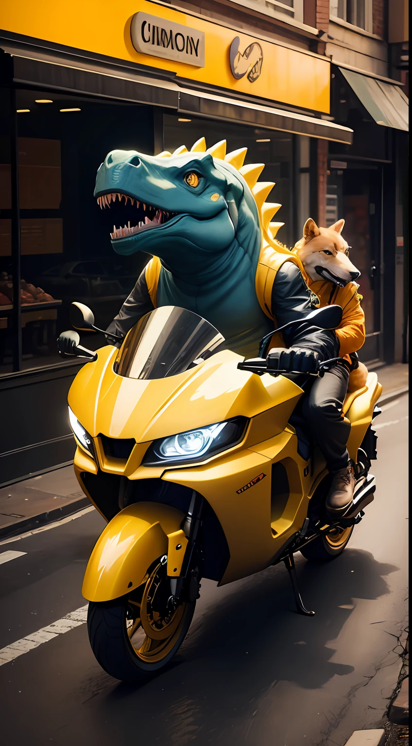 Dinosaur wearing yellow takeaway clothes，Riding a battery car，Ride on the street，The dinosaur had a wolf on its back，Wolf wears a blue takeaway suit，Bring a helmet，The wolf hugged the dinosaur tightly，Fear of falling out of the car，cyber punk style，SENSE OF CINEMA，rim-light，Ray traching，concept-art，high qulity，CG，Ultimate detail --auto
