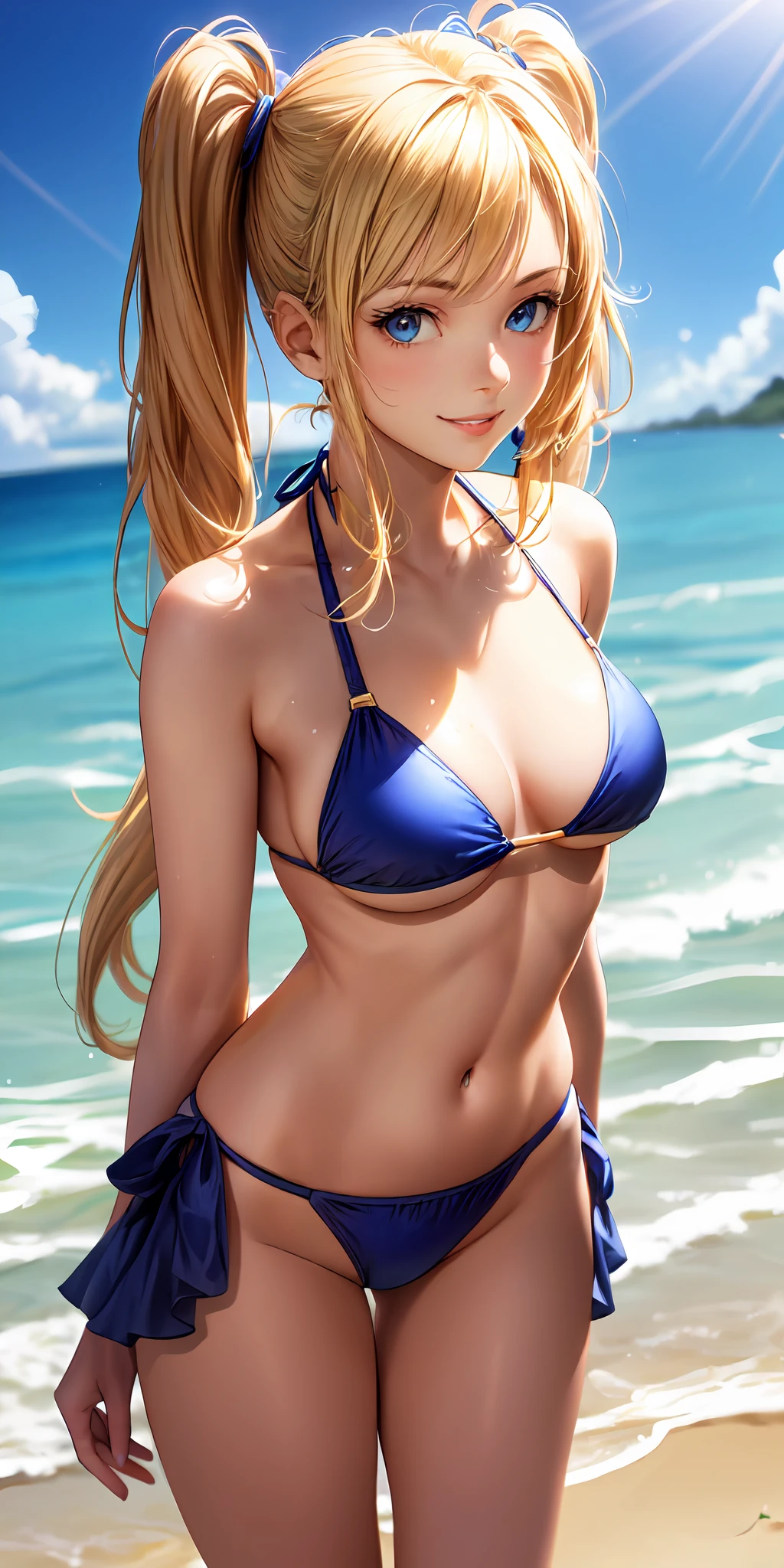 (1girl, woman, solo, light smile, sexy, elegant, puffy lips, twintails, blonde hair, blue eyes, medium breasts, underboob), sling bikini top, bikini, tight bikini, standing, pointing at viewer, beach, sand, water, highres, (****, best quality), (detailed background), (detailed face), ((cinematic light)), sunlight