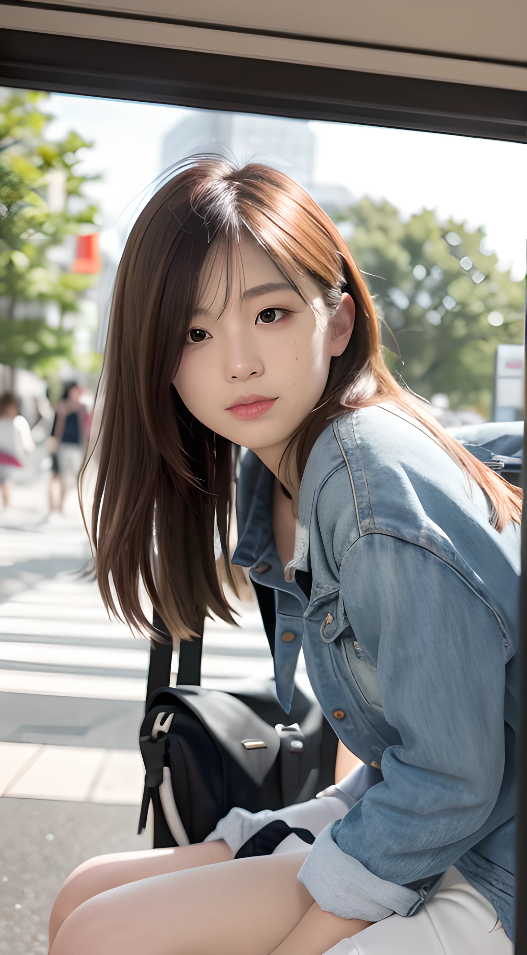 mix4, 20 days, Solo, Long_Hair, Nanase Nishino, Haruka Kaki, park, bench, Seated, (8K, RAW photography, Best quality, Masterpiece:1.2), (Realistic, Photorealistic: 1.37), Professional lighting, photon maping, Radio City, physically-based renderingt