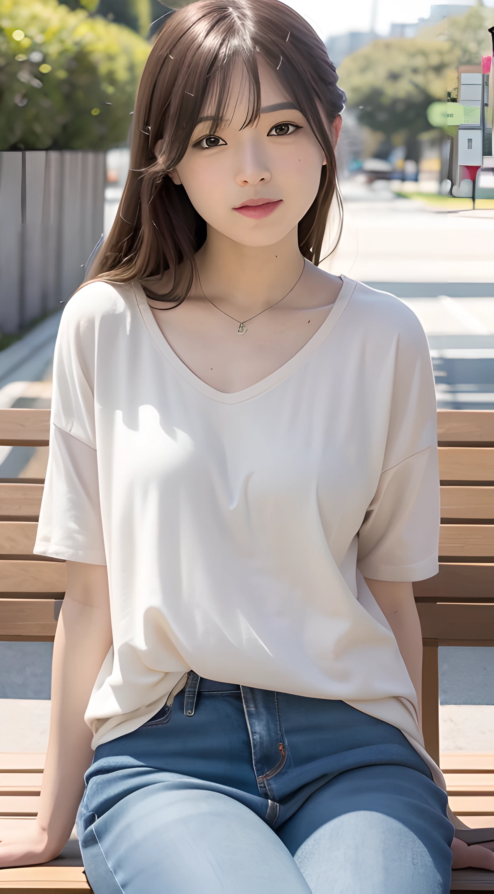 mix4, 20 days, Solo, Long_Hair, Nanase Nishino, Haruka Kaki, park, bench, Seated, (8K, RAW photography, Best quality, Masterpiece:1.2), (Realistic, Photorealistic: 1.37), Professional lighting, photon maping, Radio City, physically-based renderingt