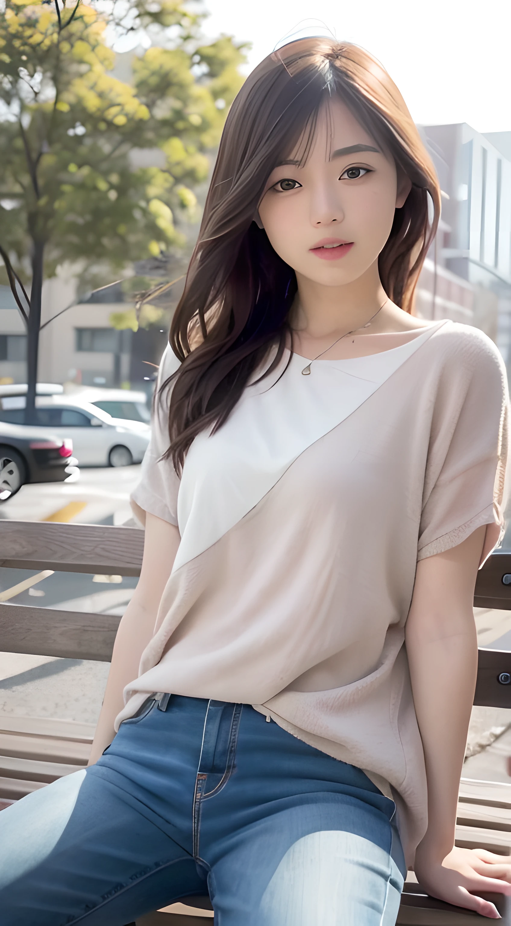 mix4, 20 days, Solo, Long_Hair, Nanase Nishino, Haruka Kaki, park, bench, Seated, (8K, RAW photography, Best quality, Masterpiece:1.2), (Realistic, Photorealistic: 1.37), Professional lighting, photon maping, Radio City, physically-based renderingt
