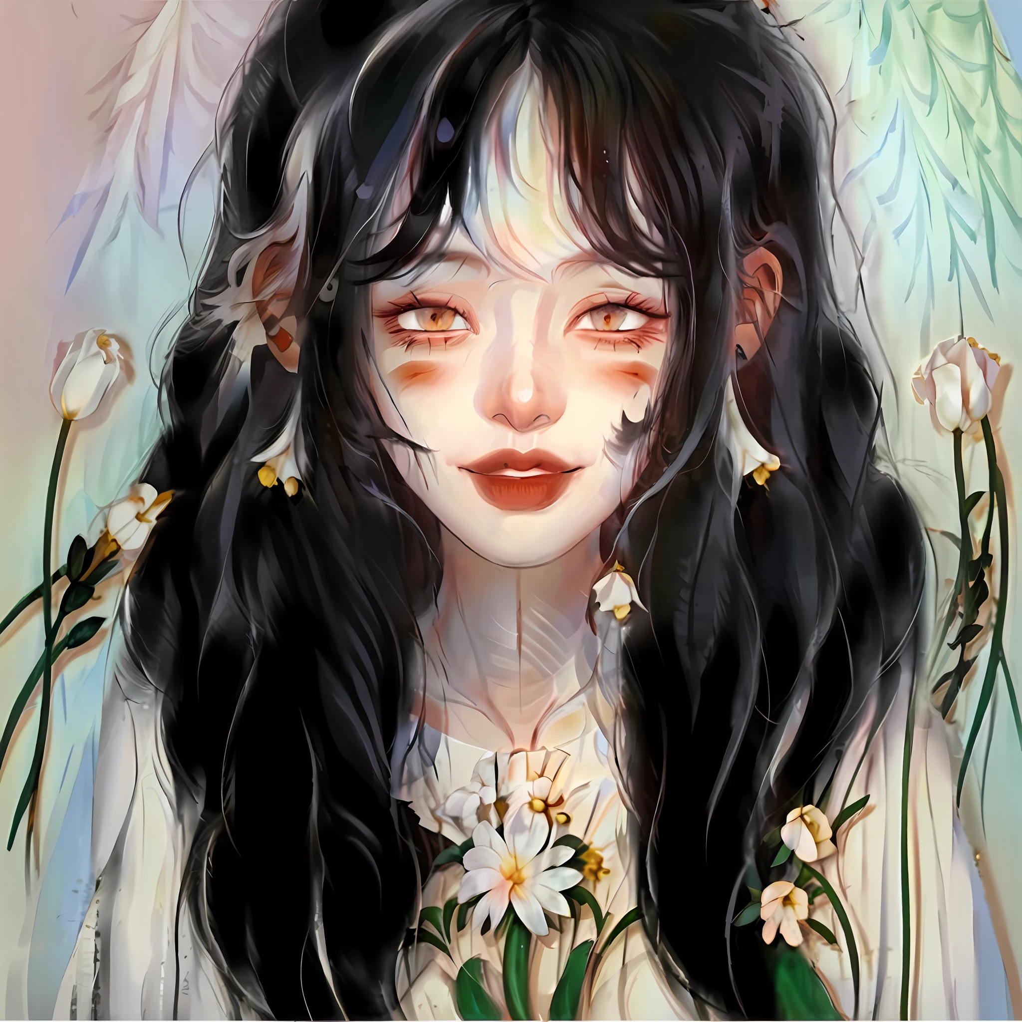 Draw a woman with black hair and white flowers, in the art style of bowater, girl with white eyes, Guviz-style artwork, pale young ghost girl, Cute face. Dark fantasy, anime styled digital art, Digital anime illustration, eerie art style, Soft anime illustration, Cute detailed digital art, Kawaii realistic portrait