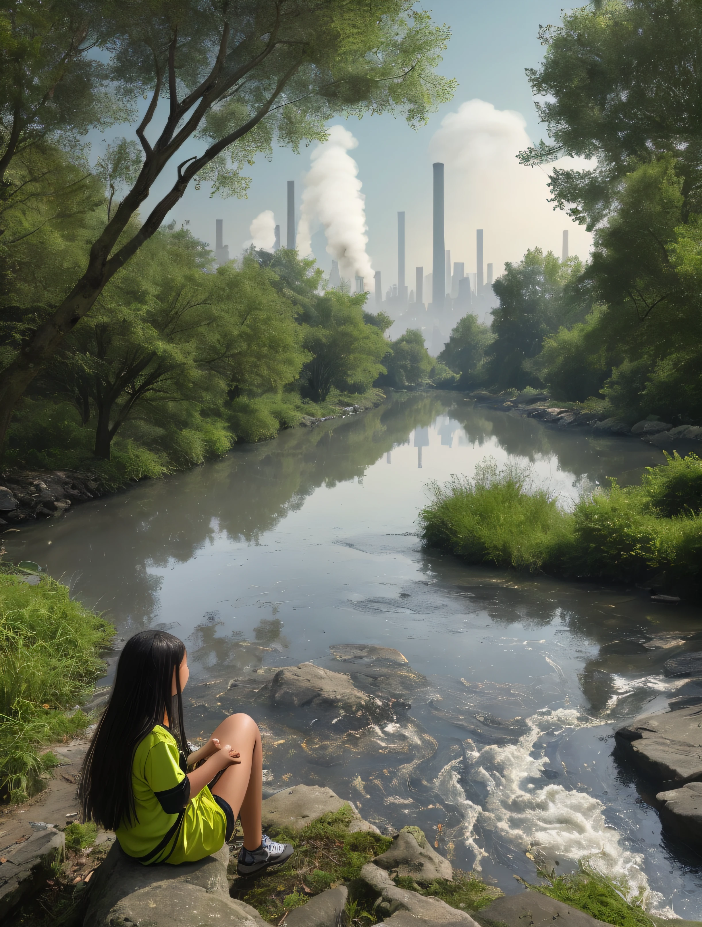 city polluted by CO2 smoke, carbon dioxide in the background. Metaphorical of environmental damage, Climate change and pollution, nuvens cinzentas, foco nítido, detalhes intrincados, 8k, 3D-rendering, Tint hiperdetalhed