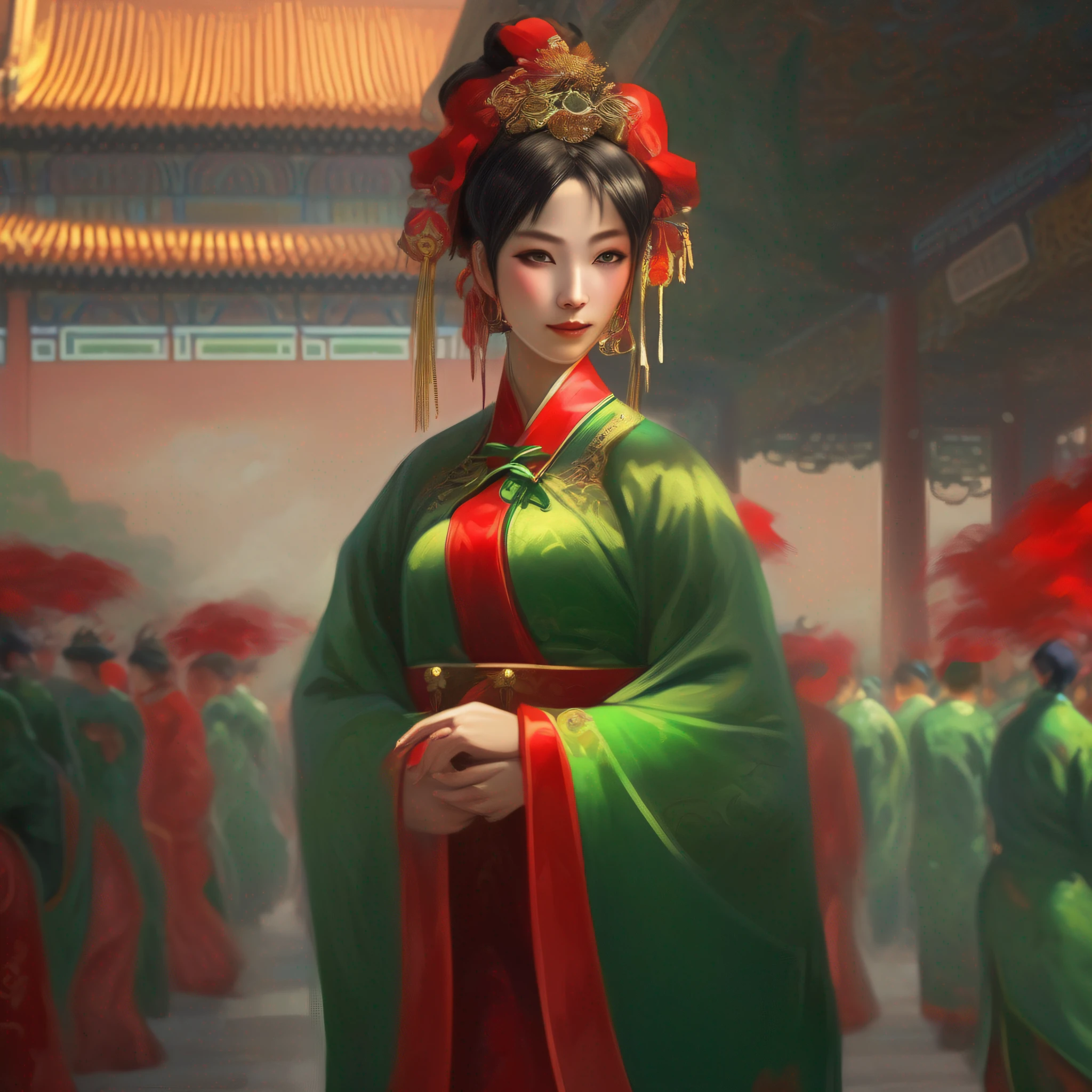 Tomorrow morning,empress,mier,jubilation,Mostly red and green,The background is the Forbidden City,Beautuful Women,dignified, sportrait