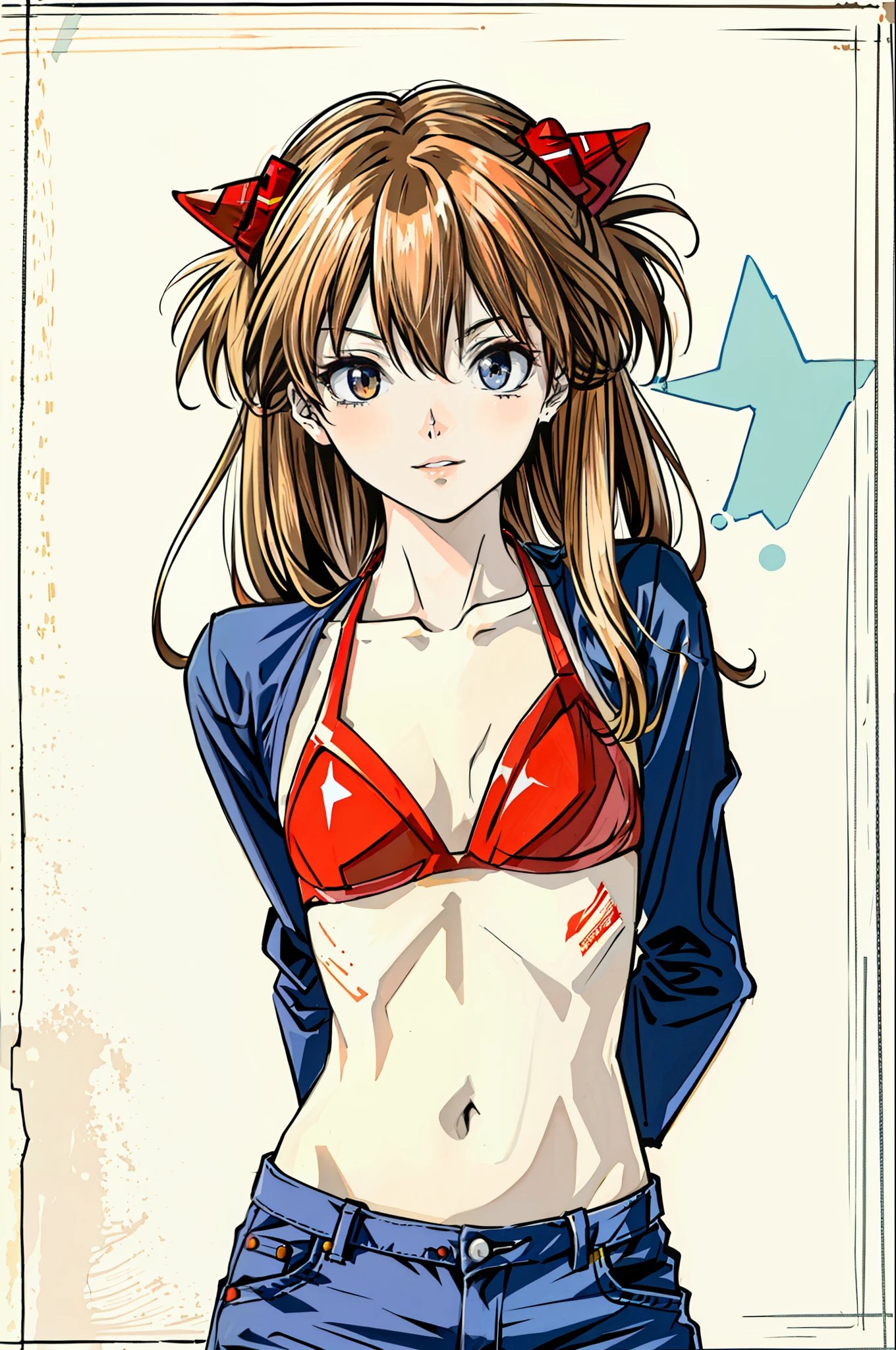 foto retrato de ((Asuka Langley en cuerpo entero)), (((beautiful asuka langley anorexic))), ((muy flaca en bikini)), (((huesos y costillas visibles))), ((small flat breasts)), ((very small waist)), piernas delgadas, ((rostro hermoso)), ((vista de perfil cuerpo entero)), (((concave abdomen))), ((Asuka  Langley muy muy flaca)), ((fondo blanco)). ((cabello al viento)).