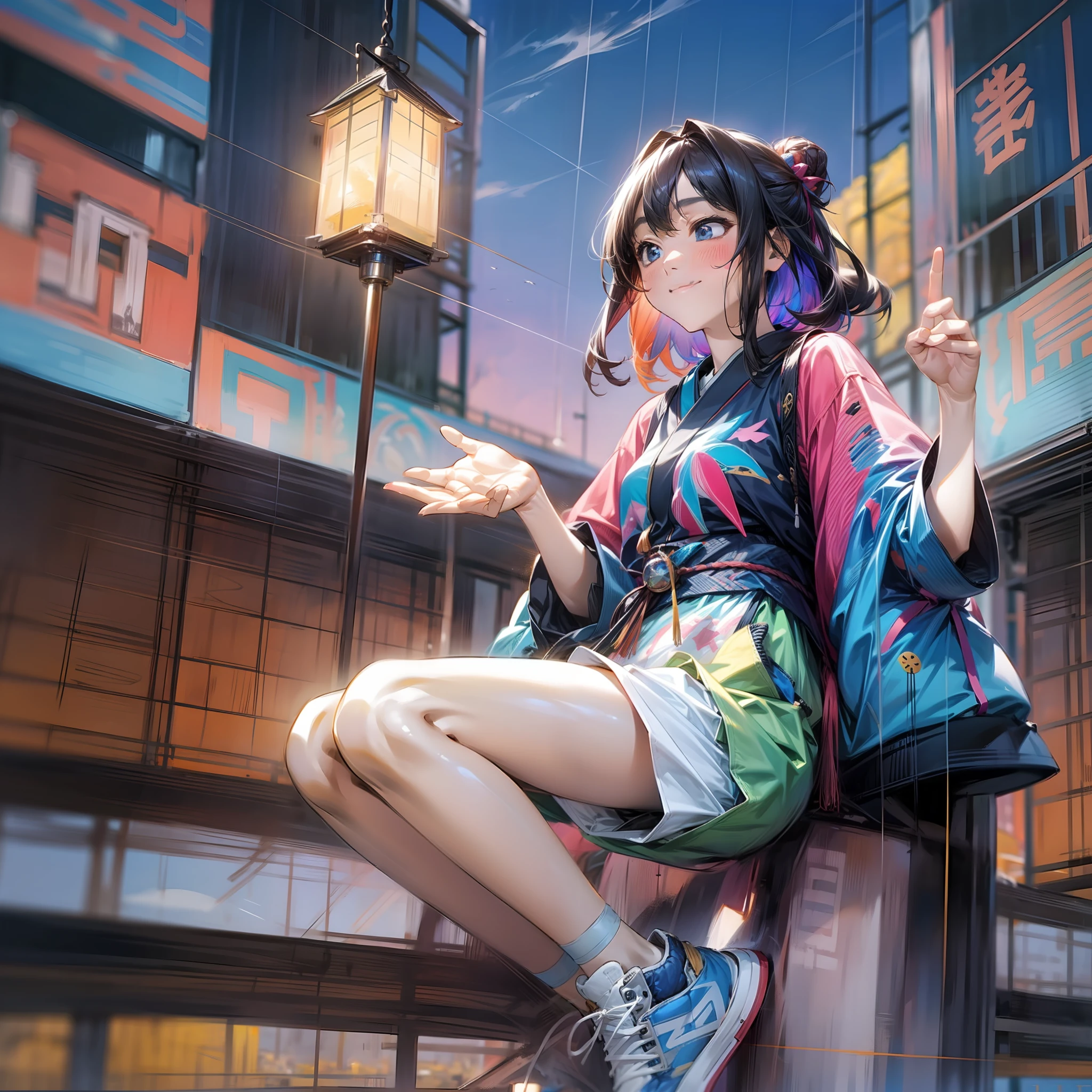 8K ultra-high resolution、Depicting a summer day in the near future Japan。In the center is、A lively young woman is depicted。Her hairstyle is a short cut of black hair、Some of them are yellow.、pink there、Painted in blue hologram color。She、Wearing a neon-colored athletic top and transparent shorts、Wearing futuristic sneakers with white light。

In her hand、AI-controlled hologram drone floating in her movement。It flew nimbly around her、Playing happily with her。

Behind、Summer blue sky and white clouds spread out、On top of it is、There is a digital lantern with solar energy swinging。Spread out at her feet、In the illuminated city skyline、The ocean of the future is bustling with floating artificial islands and transparent maritime transport。

On the distant horizon、mont. Fuji standing gracefully、Fireworks were launched from above.、Colorful lights shine all over the sky。

Next to her is、Summer festival stalls formed by holograms are lined up、a person々Enjoy AI-created VR experience games and gourmet food。The bustle of the festival、Music、Eta、The sound of digital wind chimes swaying in the wind、Further emphasizing the atmosphere of summer Japan in the near future.。