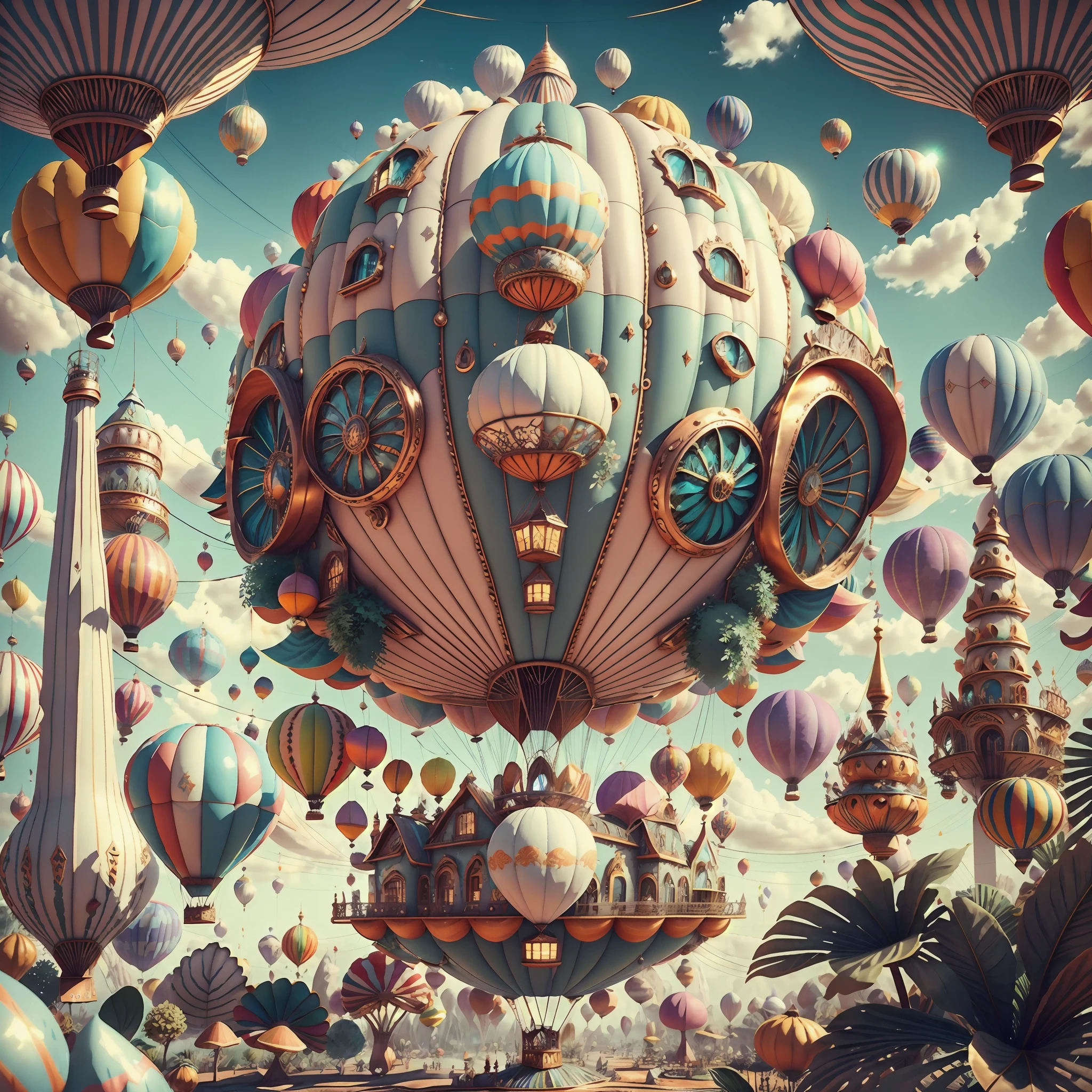 FairyTaleAI Airship, hot air balloon, Airship ZonaiIAI,, ao ar livre, nuvens,, obra-prima, trend, 8k, The scene includes magical forests filled with mushrooms and colorful creatures, and audio waves can be heard in the background. The image is rendered on a hot, estilo colorido com foco no contraste e textura, Branco Reflexivo Brilhante: 1.5, Textura Brilho Laranja: 1.3