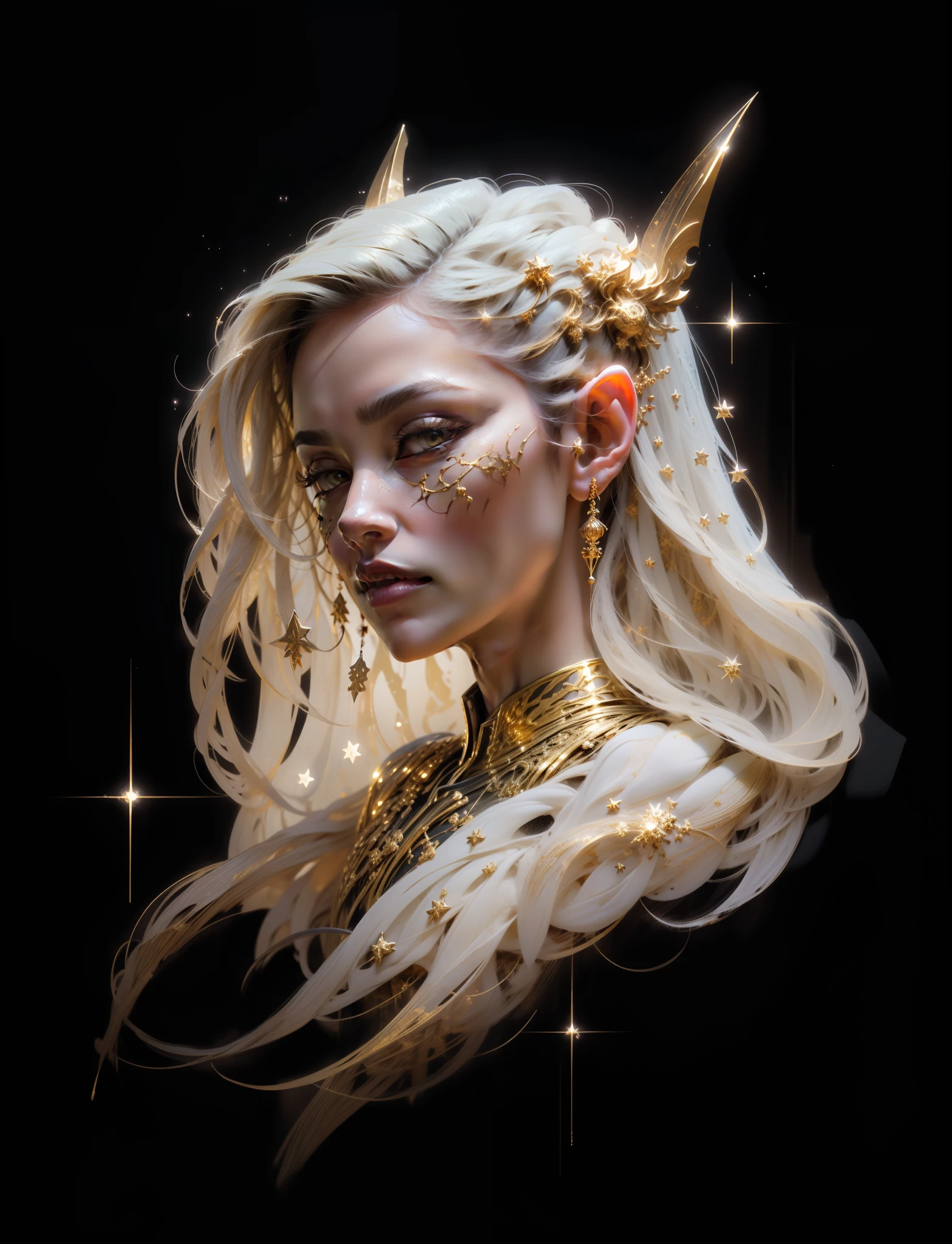 Um elfo jovem, forte e bonito com pupilas douradas, imagem de corpo inteiro, cabelo pretos com estrelas, A confident expression, um olhar de superior para a frente, wearing black clothes with gold patterns all over the clothing, exalando brilho dourado claro, Rogue d&d, postura de defesa contra ataques