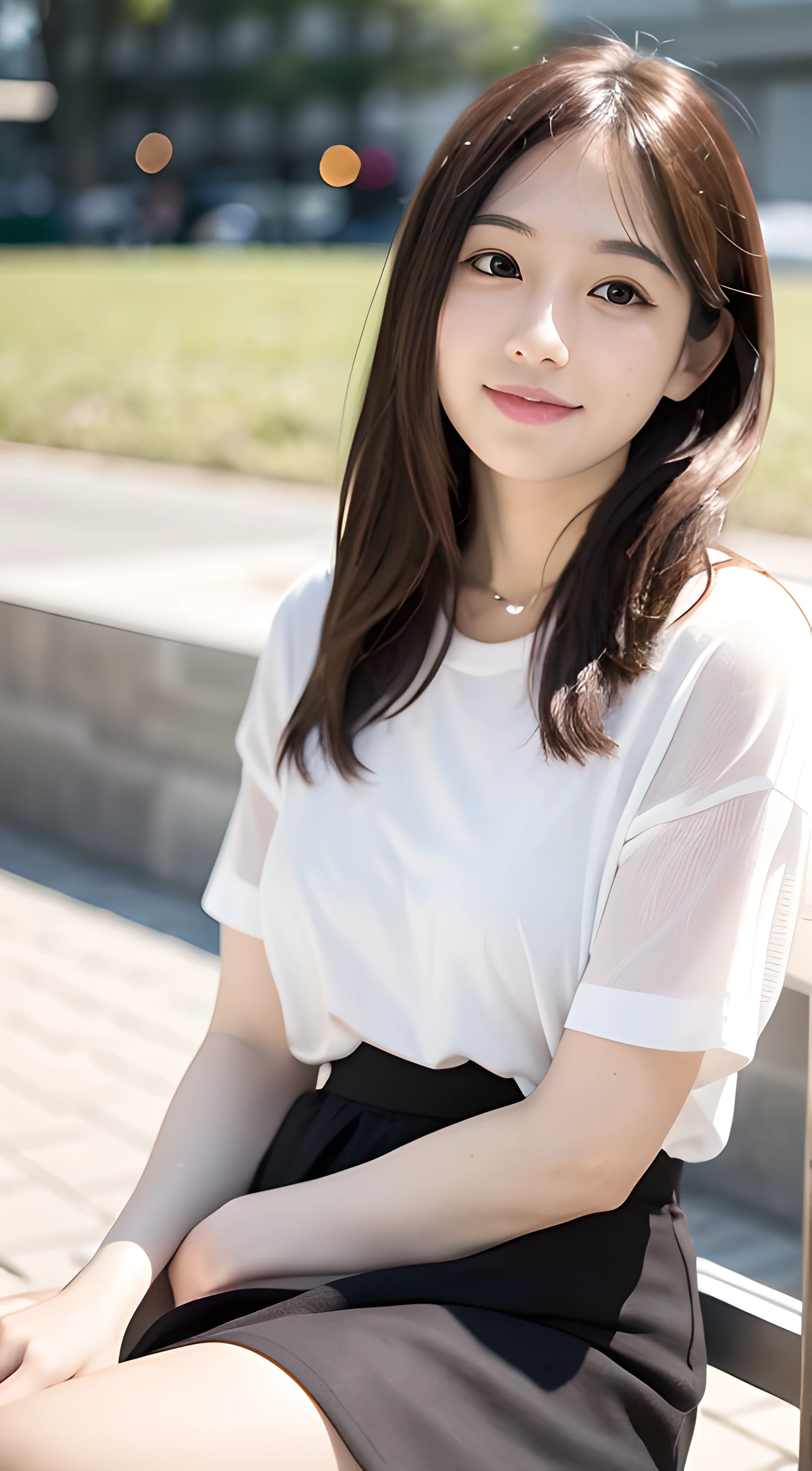mix4, 20 days, Solo, Long_Hair, Nanase Nishino, Haruka Kaki, park, bench, Seated, (8K, RAW photography, Best quality, Masterpiece:1.2), (Realistic, Photorealistic: 1.37), Professional lighting, photon maping, Radio City, physically-based renderingt