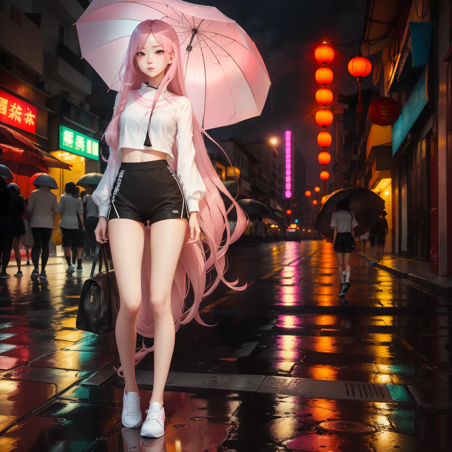 one-girl,Chinese nationality,Slim figure,(modern day,Surreal and realistic)The golden ratio of figure,Long hair and waist,Pink skin,Pale pink lips,Hair gradients,The hair color is brown to pink from top to bottom,The eyes are moving,Modern street style,White silk on the left leg,Black silk on the right leg,personification,D罩,Full body photo,Stand with your hands crossed at the waist,Cute face shape,Playful,The corners of the mouth are slightly upturned,HEIGHT 168CM,Background with:Street coffee,outside,Road,Bluestone slabs,Under the umbrella,Light rain,Rain drops,The girl was drenched,You can see the skin color through the clothes,White top,Black super shorts,long leges,Black canvas shoes,
