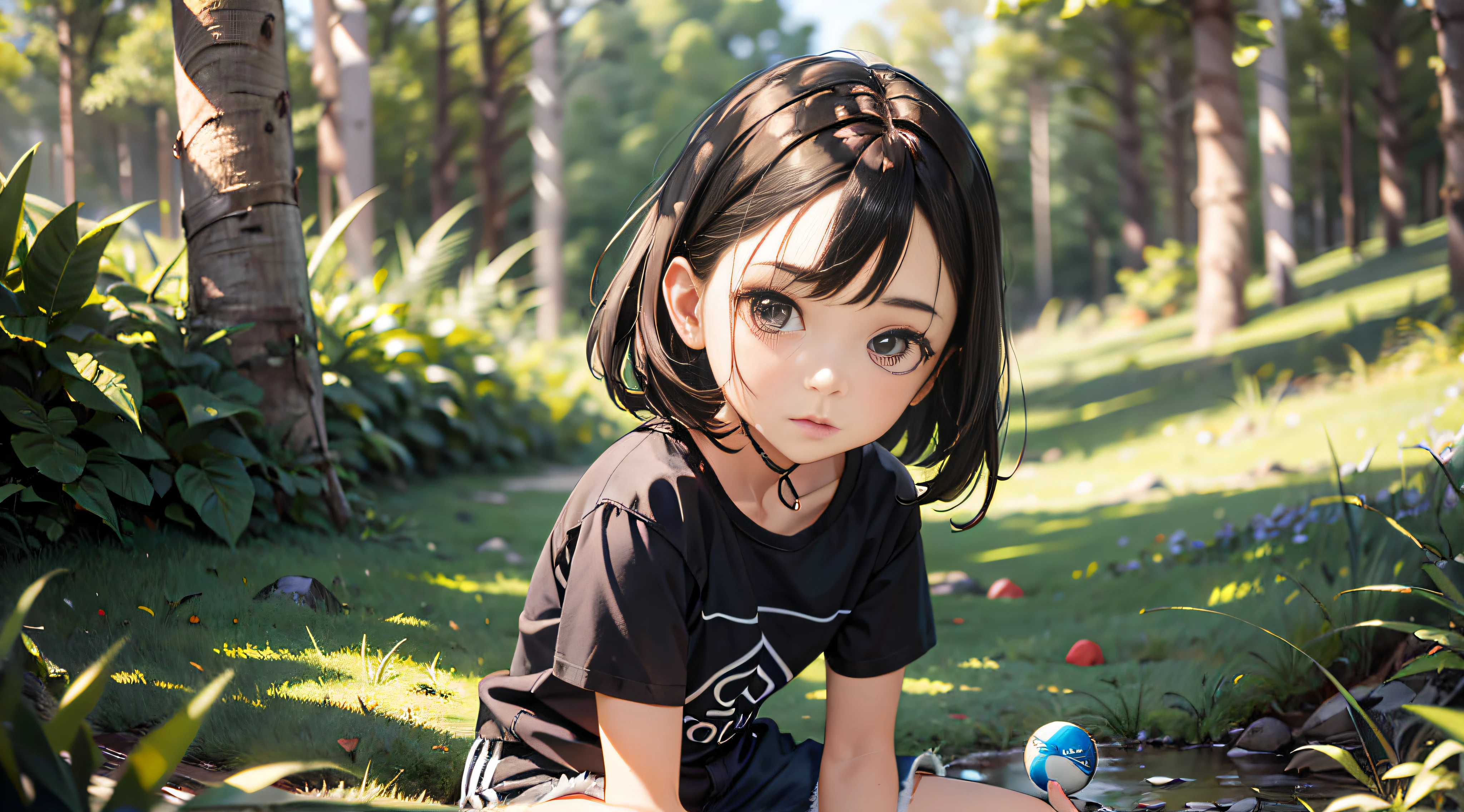 uma chamada Anne de 8 anos de idade, corpo inteiro, pele branca, olhos pretos, fleshy lips, cabelo preto liso na altura dos ombros, small hands, magra, olhos grandes e castanhos, picking up small stones from the ground in a forest, usando coton shorts preto e camiseta preta sem desenho nesta camiseta, sem imagem tenis preto, absurdos, melhor qualidade, solo, de lado, olhando para o espectador. The illustration is of an 8-years picking up small stones on the ground, ela usa shorts preto, black T-shirt and black sneakers.