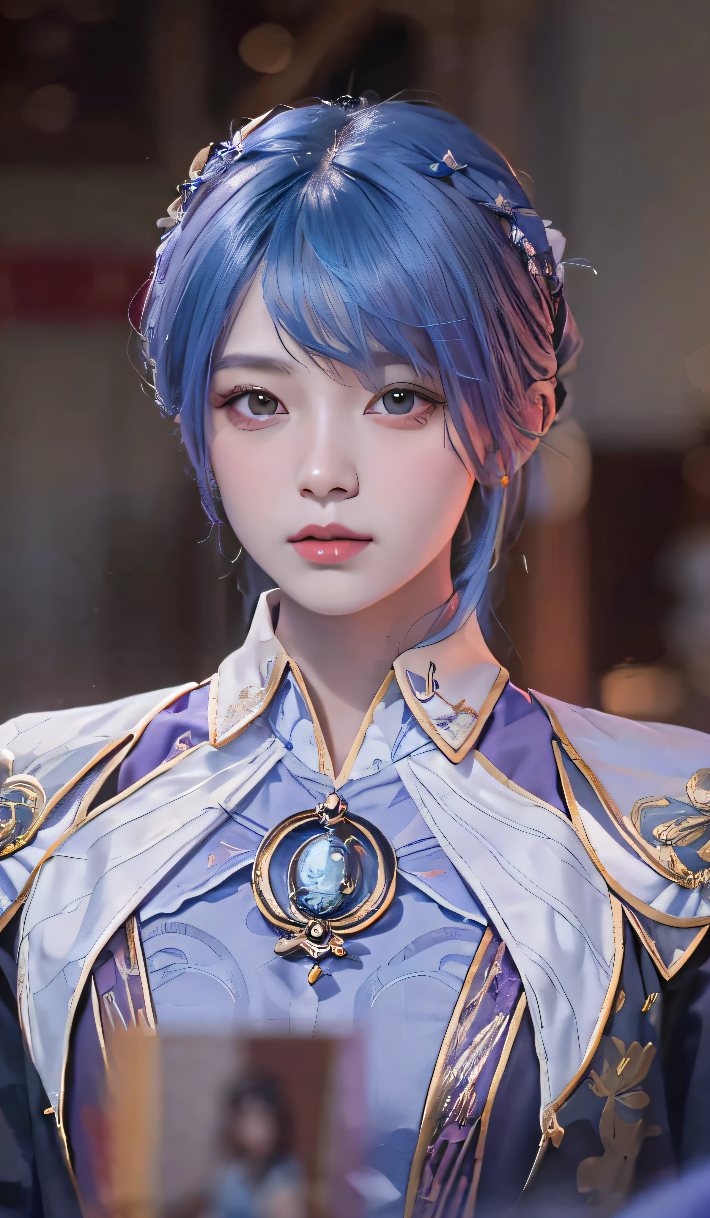 Close-up of a woman with blue hair and a purple shirt, Superb beauty，Portrait Chevaliers du Zodiaque Fille, zhongli from genshin impact, Keqing from Genshin Impact, Yun Ling, inspired by Leng Mei, Beautiful character painting, uma linda princesa， Exquisite princess, portrait of a female mage, Rendu portrait 8k