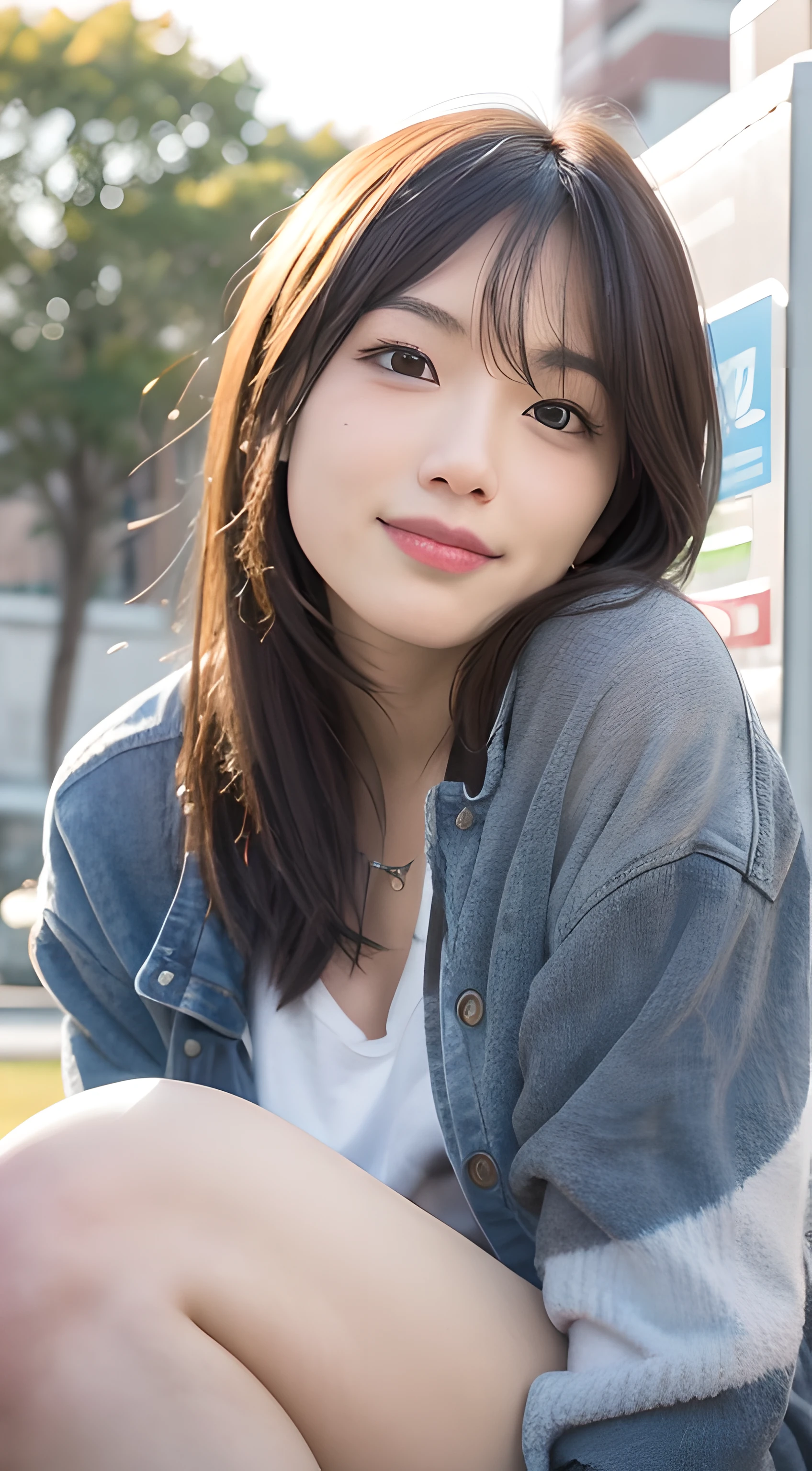 mix4, 20 days, Solo, Long_Hair, Nanase Nishino, Haruka Kaki, park, bench, Seated, (8K, RAW photography, Best quality, Masterpiece:1.2), (Realistic, Photorealistic: 1.37), Professional lighting, photon maping, Radio City, physically-based renderingt