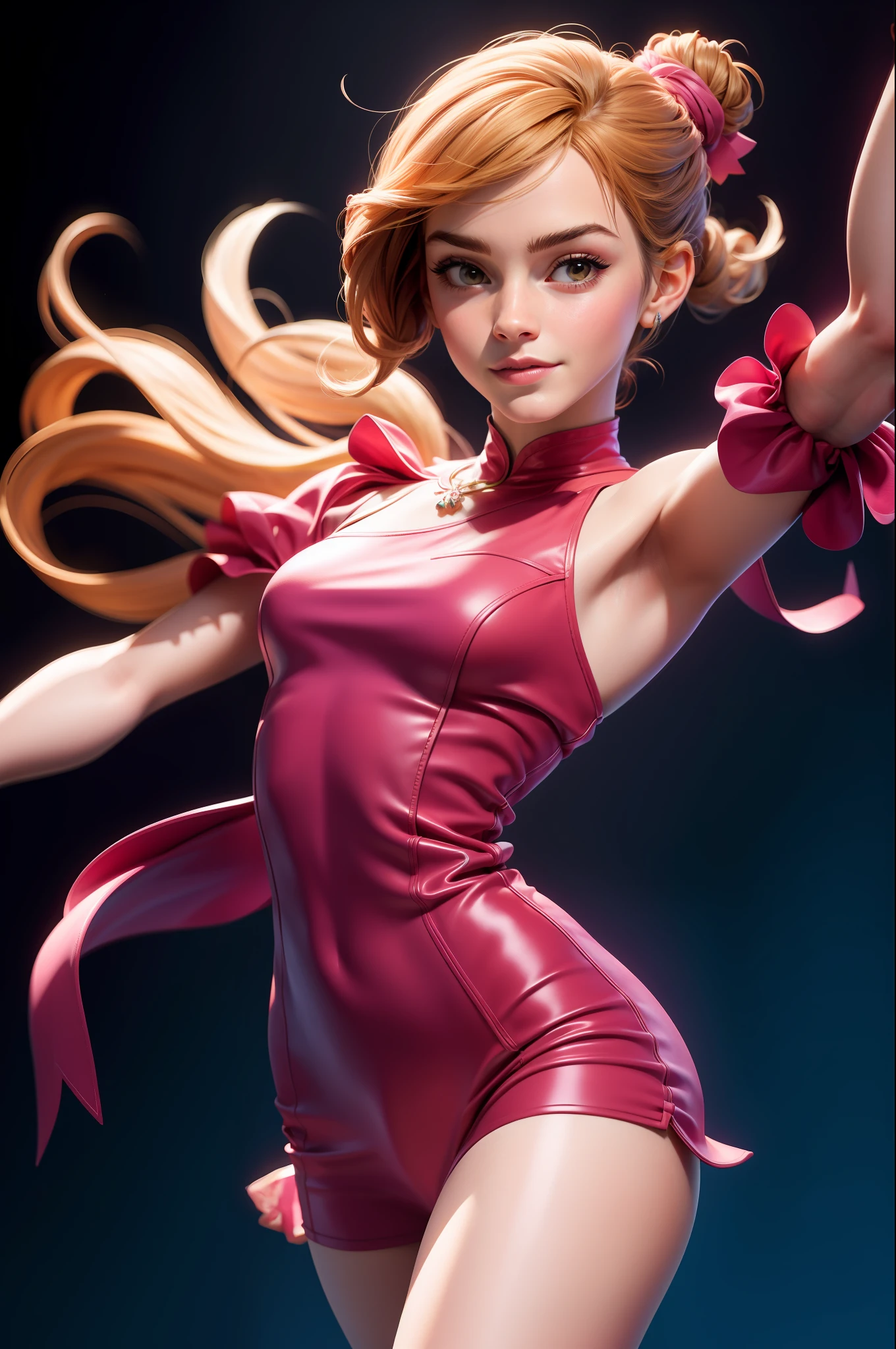 Emma Watson con un leotardo rosa brillante, dynamic  pose