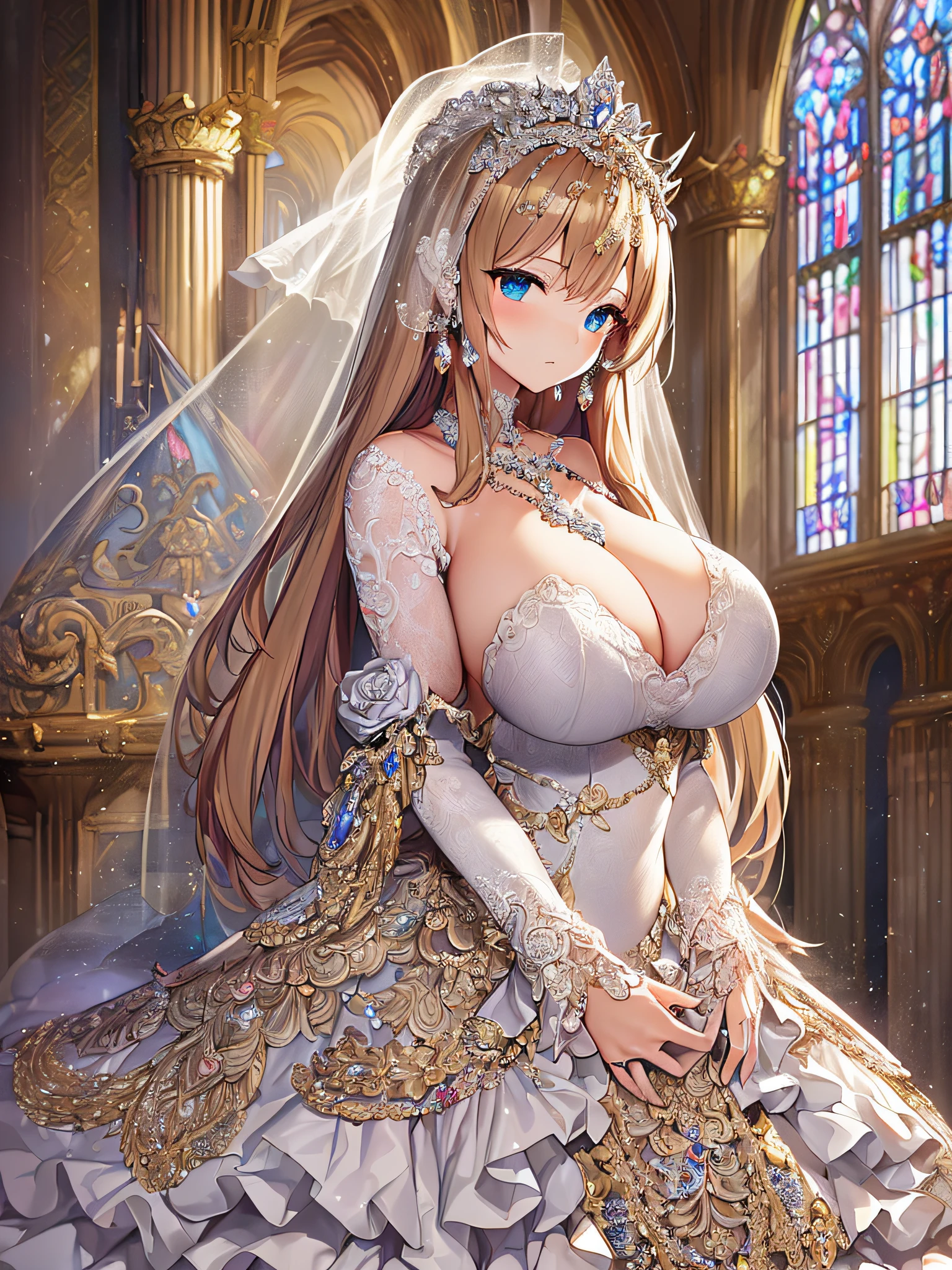 ((anime artstyle)),(Masterpiece),(Best Quality), (Super Detail),((Very Delicate and Beautiful)),Focus on character,Dynamic Angle,Looking at viewer,((Solo)),standing,((full body)),((one princess in gorgeous ball gown wedding dress with voluminous skirt)),((June bride)),detailed face and eyes,jewel-like eyes,((Very Long voluminous Hair)),gorgeous embroidery and lace,((gorgeous corsage)),See-through,(Gorgeous jewelry ornaments),luxury hair ornament,luxury tiara with jewels,ornate ruffles,((gigantic breasts,Long breasts)),indoor,church wedding,((full body)),hoop skirt,crinoline,very long wedding veil,(((fusion of jeweled wedding dress and gorgeous embroidery rococo ballgown)))