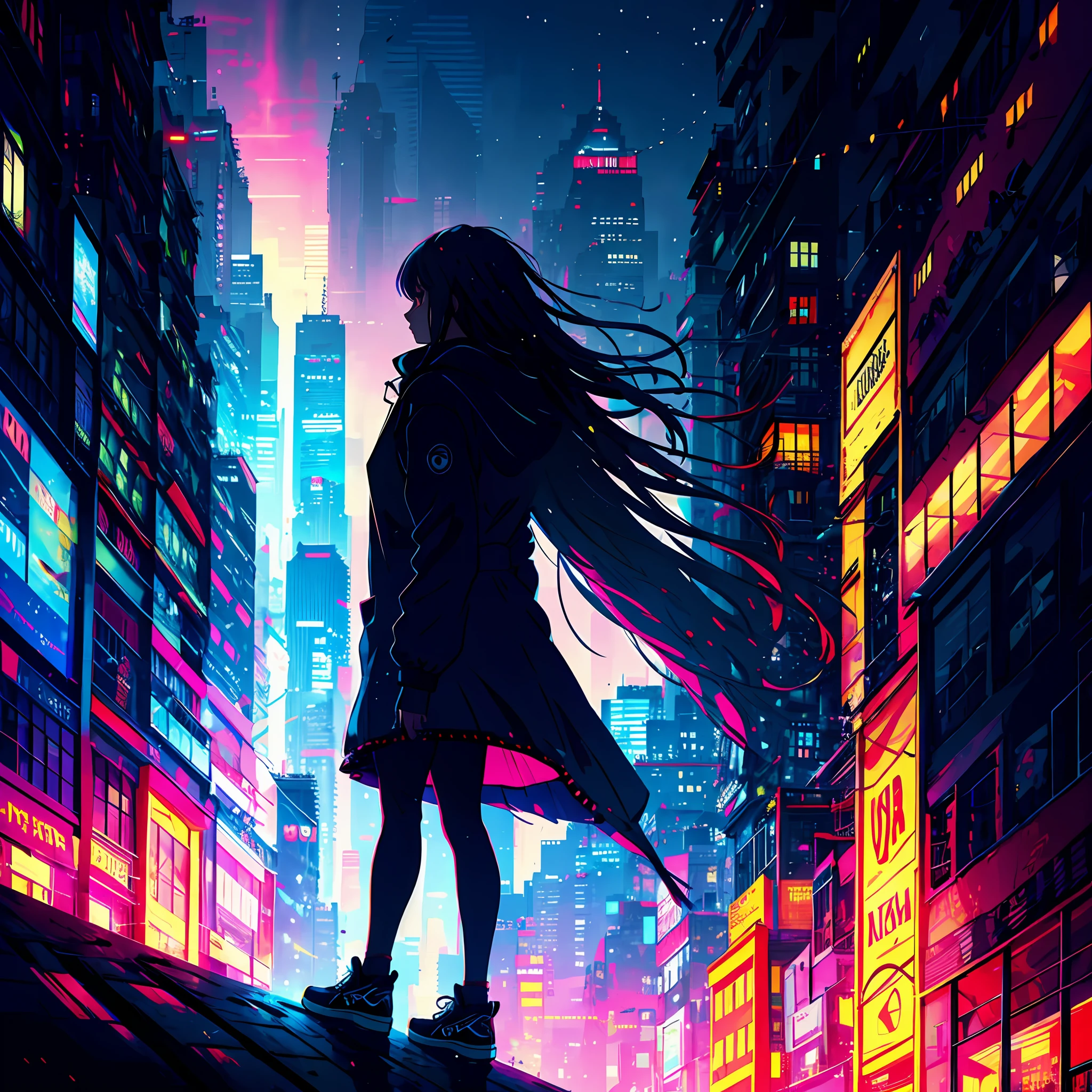 1girl，long  white hair，Modern parkas，a skirt，converse shoes，Cyberpunk-city，Skyscraper roof edge，the night，starrysky（（Shoot from the back）），low angles，volumettic light，8k，best qualtiy，sharp，A detailed