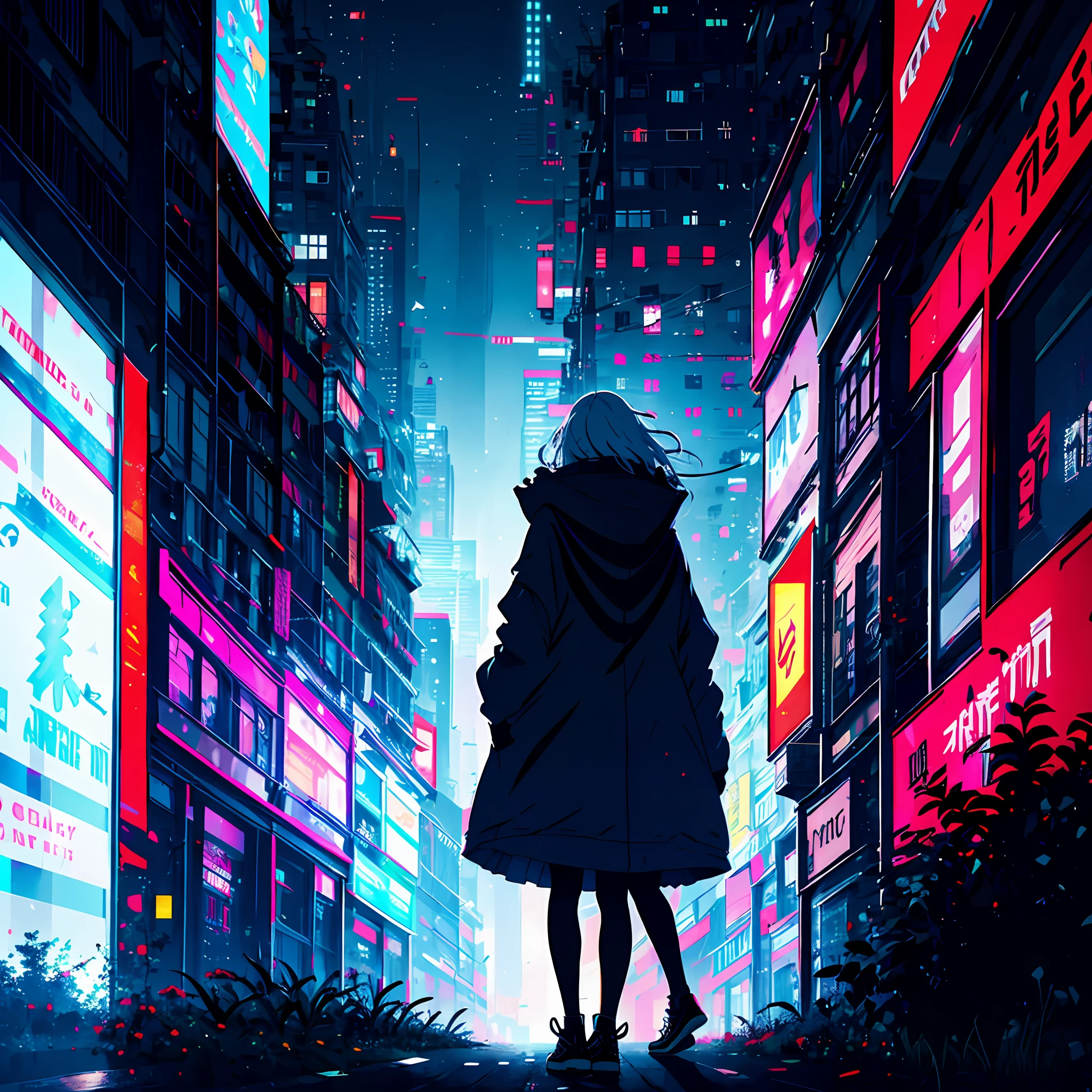 1girl，long  white hair，Modern parkas，a skirt，converse shoes，Cyberpunk-city，Skyscraper roof edge，the night，starrysky（（Shoot from the back）），low angles，volumettic light，8k，best qualtiy，sharp，A detailed