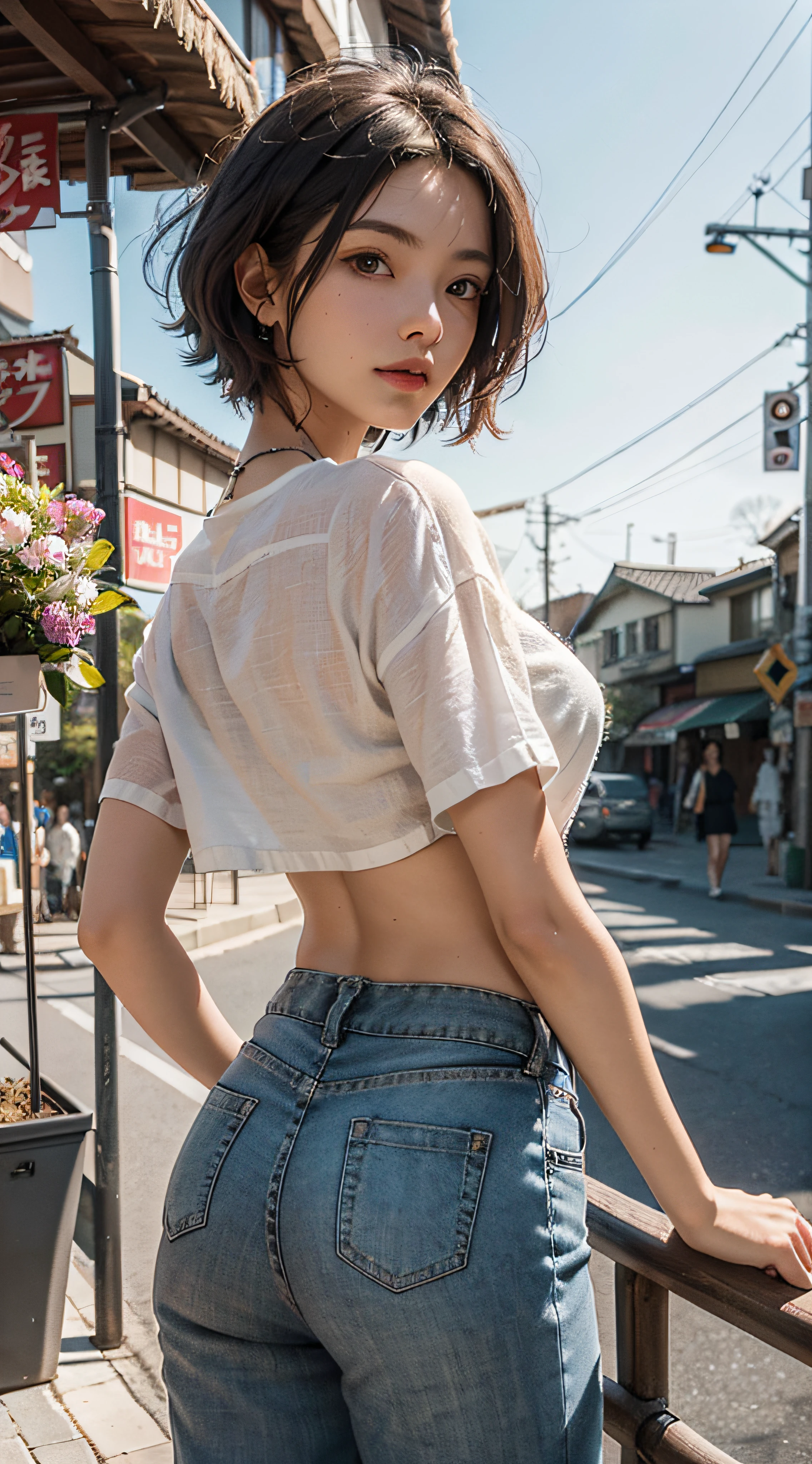 foreground:1girl, Skinny linen trousers, Skinny linen top, y figure, Photography from behind, Review, ssmile, Short hair flying, Background with:Japanese-style street, Both sides are covered with flowers, low angle shot, Hyperrealism, cinematic lighting, depth of field, from below, vanishing point, f/2.8, 16k, anatomically correct, textured skin, super detail, award winning, best quality, highres