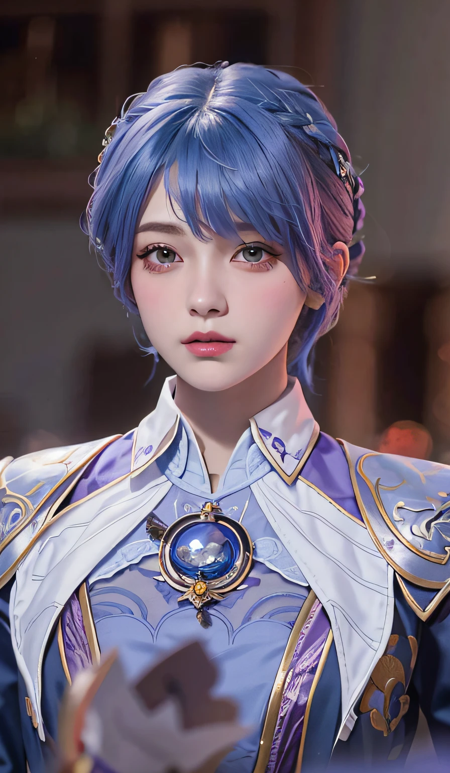 Close-up of a woman with blue hair and a purple shirt, Superb beauty,((short detailed hair)),Portrait Chevaliers du Zodiaque Fille, zhongli from genshin impact, Keqing from Genshin Impact, Yun Ling, inspired by Leng Mei, Beautiful character painting, uma linda princesa, Exquisite princess, portrait of a female mage, Rendu portrait 8k